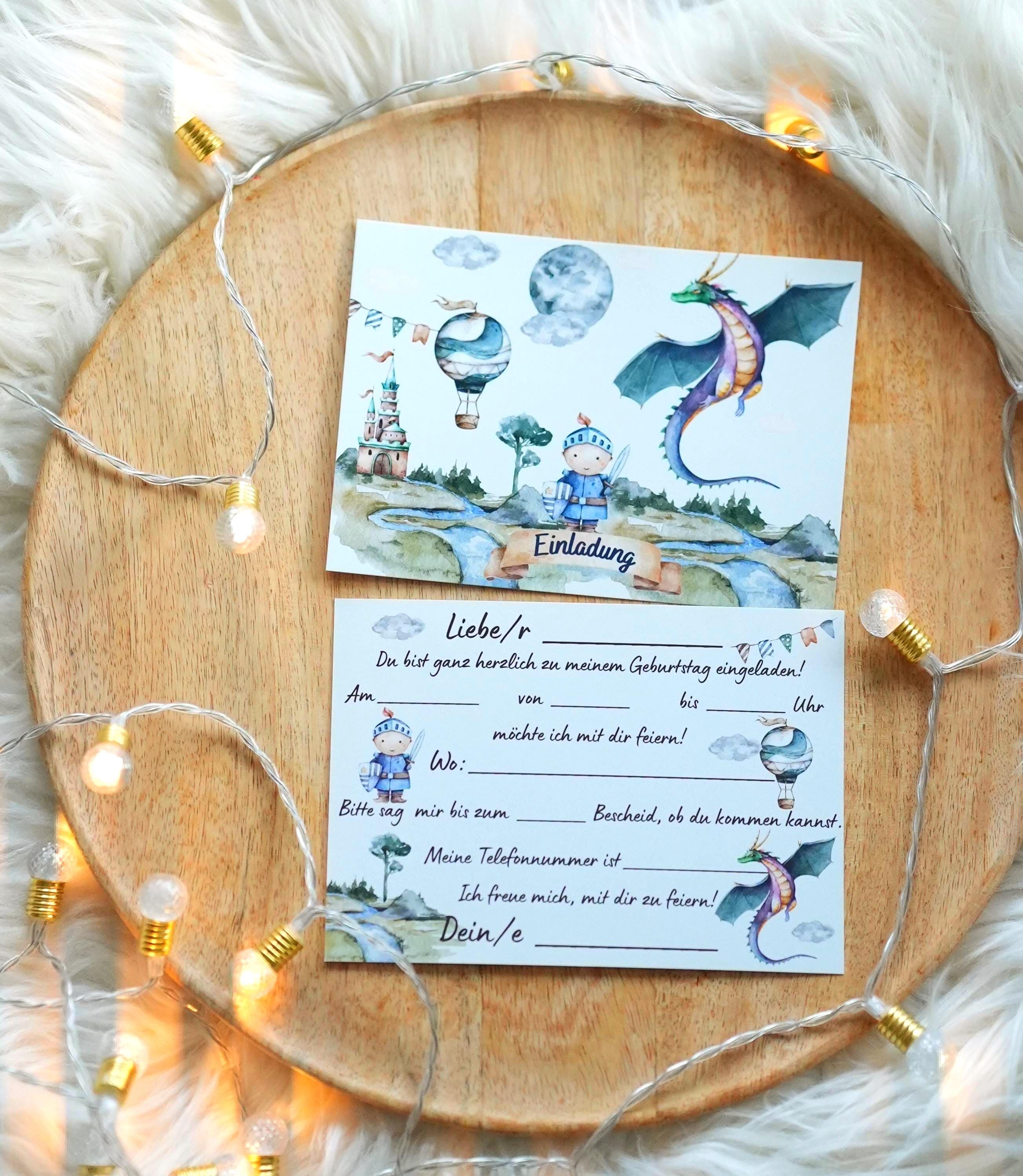 Einladungskarten Ritter Drache – 8 Stück für geburtstag – Burg & Abenteuer-Motiv – zum Selbstbeschriften – DIN A6 Set – Invitations