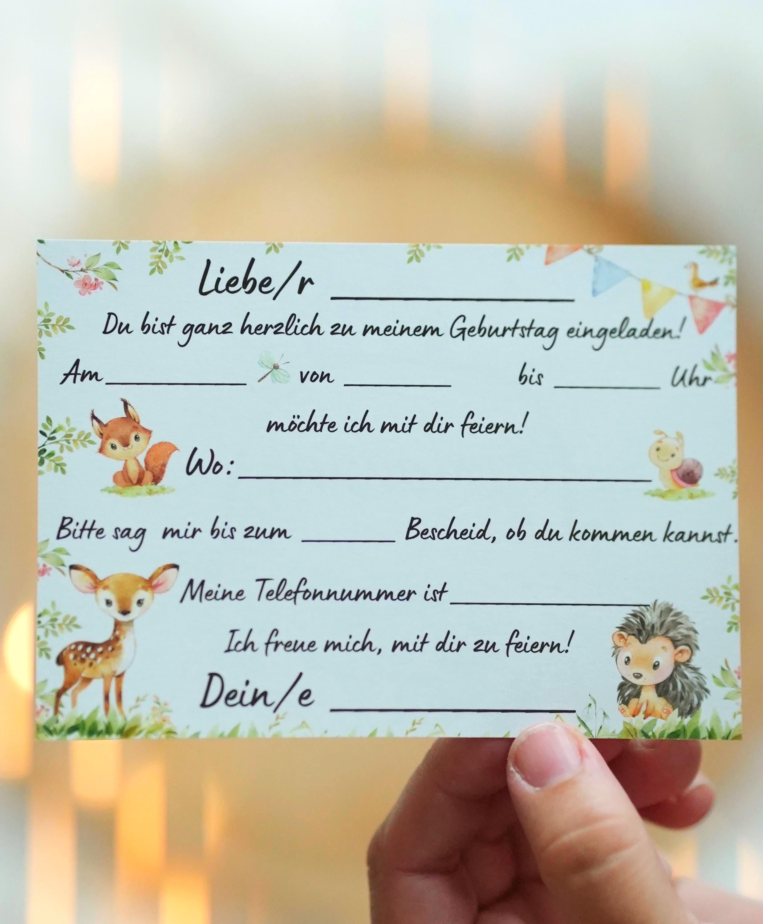 Einladungskarten Waldtiere geburtstag – 8 Karten DIN A6 – Fuchs, Reh, Igel – Waldparty Einladung – beschreibbar – Invitations