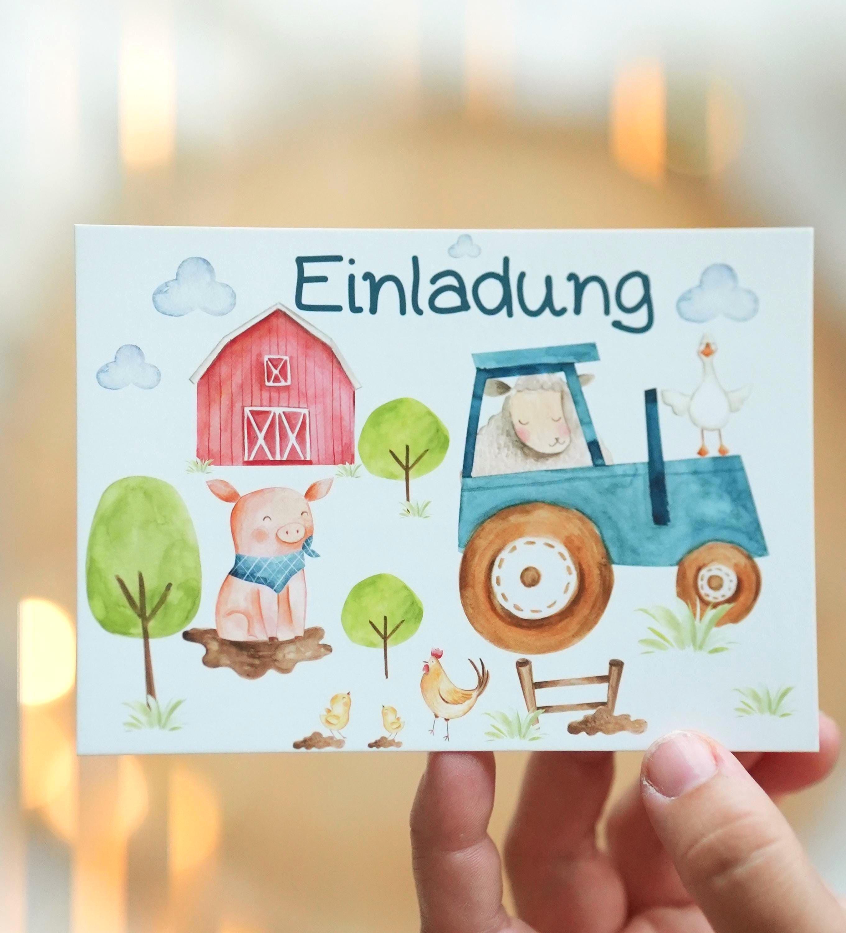 Einladungskarten Bauernhof geburtstag – 8 Karten DIN A6 – mit Traktor, Schwein, Huhn & Scheune – beschreibbar – Invitations