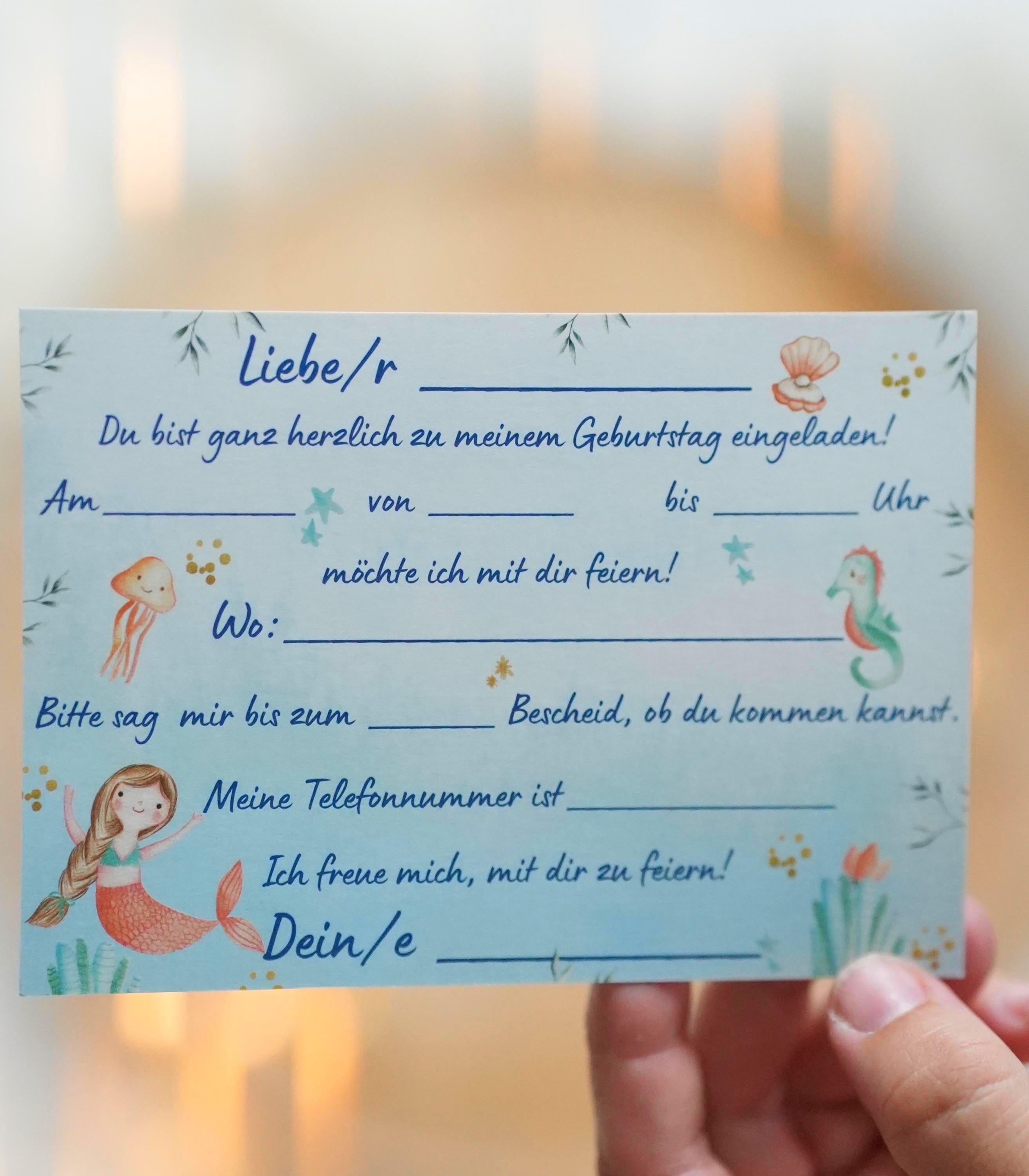 Einladungskarten Meerjungfrau geburtstag – 8 Karten DIN A6 – Unterwasserwelt mit Muscheln & Seesternen – zum Selbstbeschriften – Invitations