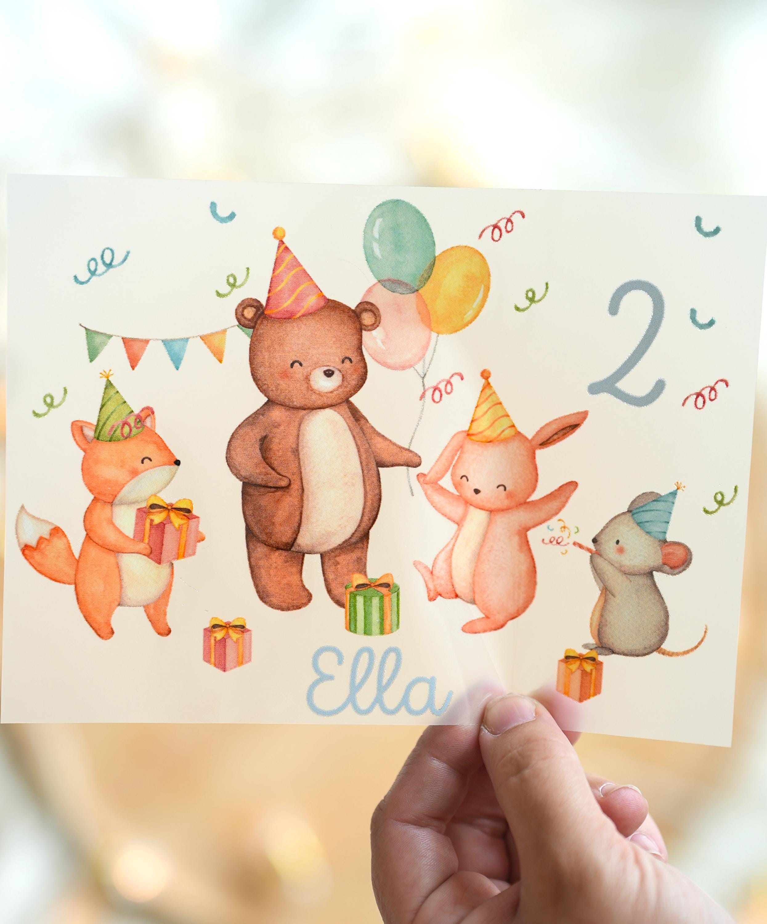 Bügelbild Waldtiere Geburtstag – personalisiert mit Name & Zahl – Geburtstagsshirt – Partytiere Bär Fuchs Hase – A4 oder A5 – Appliques & Patches