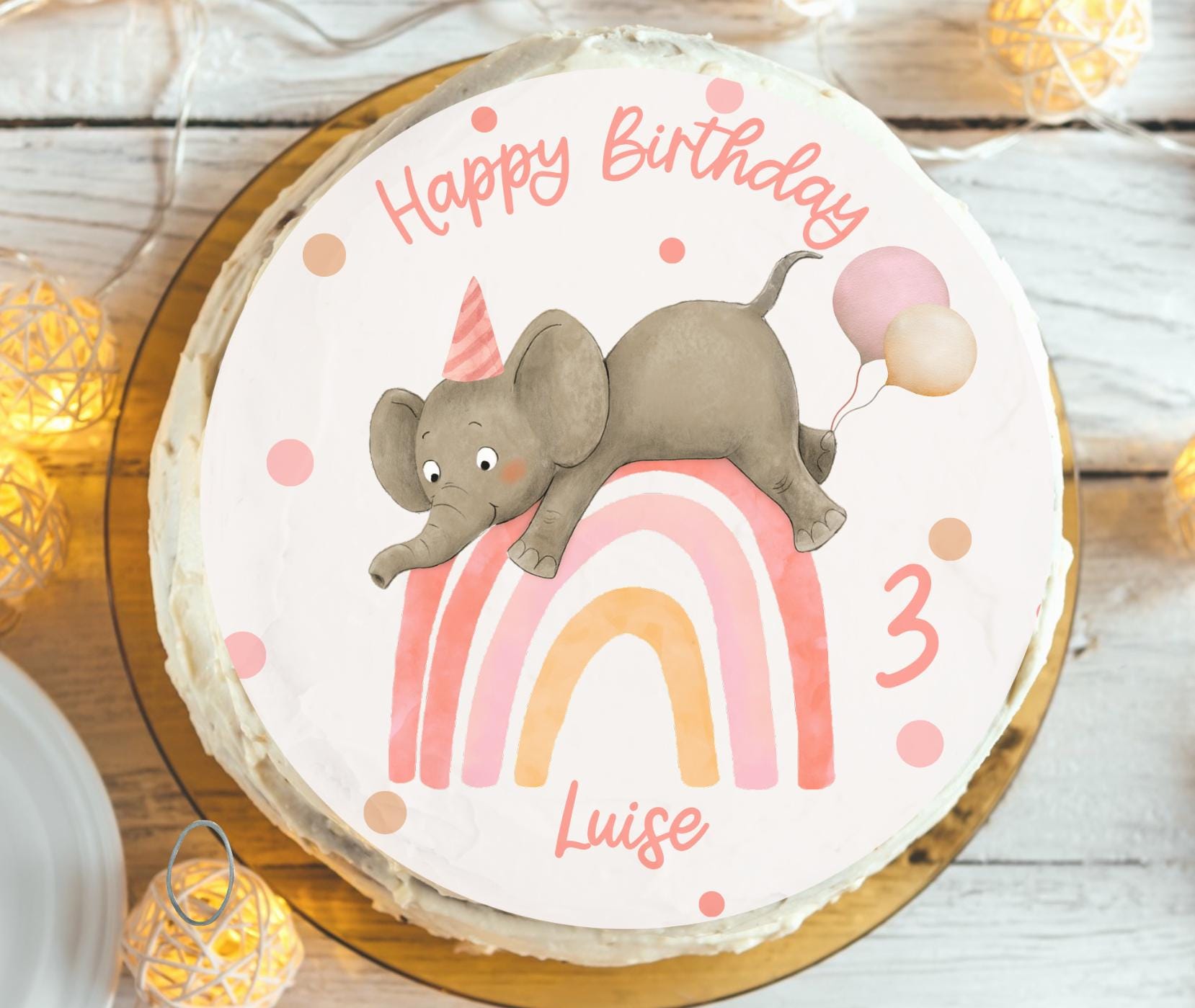 Tortenaufleger Elefant Boho Regenbogen – personalisiert mit Name & Zahl – Essbare Tortendeko Geburtstag – rund 20 cm – Party Decor