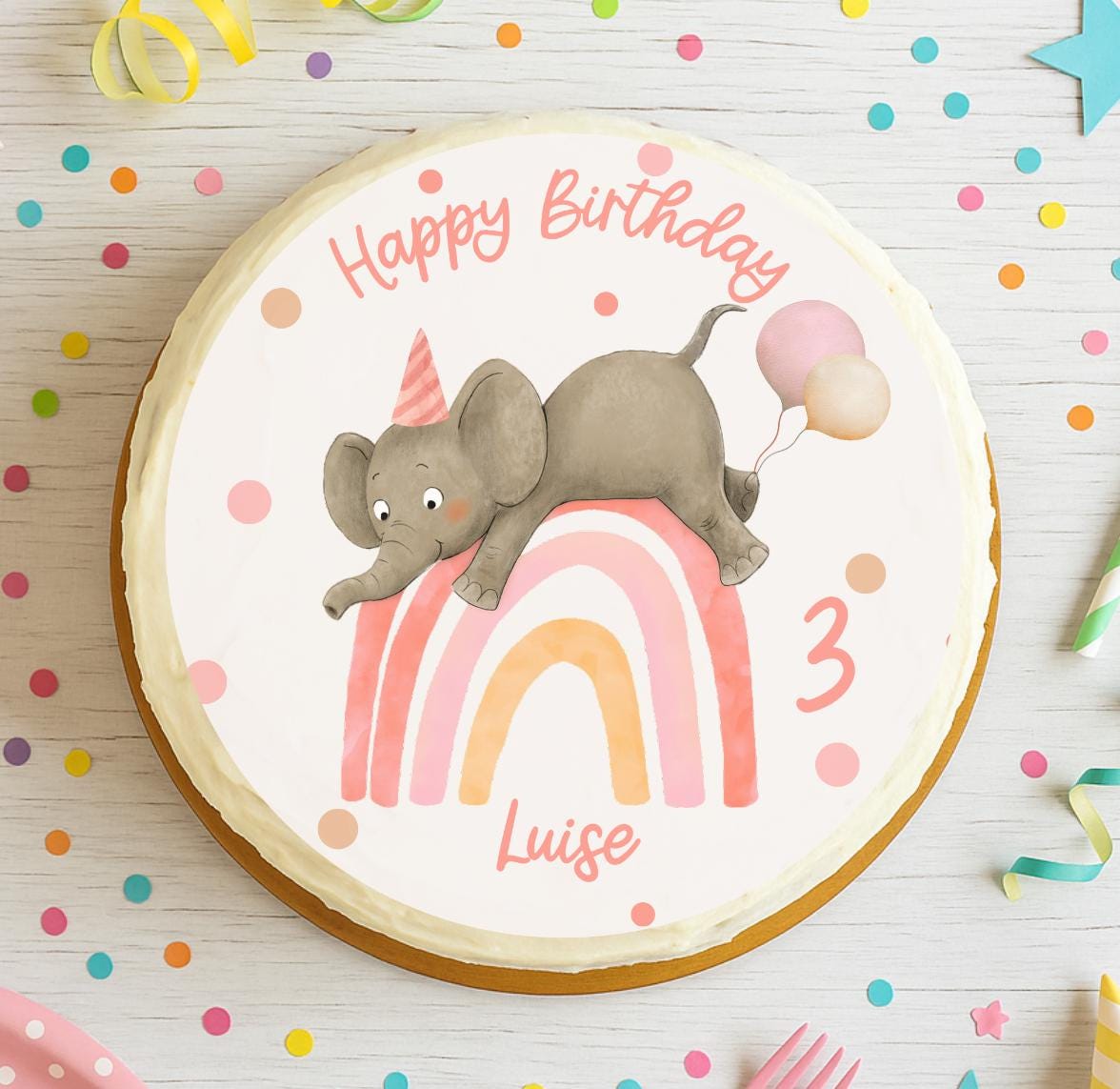 Tortenaufleger Elefant Boho Regenbogen – personalisiert mit Name & Zahl – Essbare Tortendeko Geburtstag – rund 20 cm – Party Decor