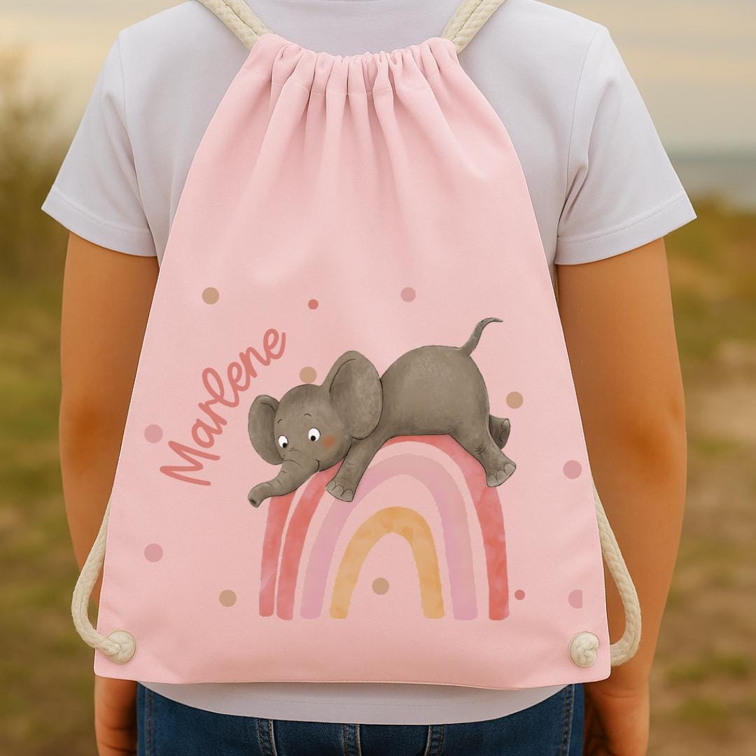 Turnbeutel mit Namen – Regenbogen & Elefant – personalisierter Kita Beutel – Wechselwäschebeutel – Geschenk Einschulung – Team Sports & Gym Bags