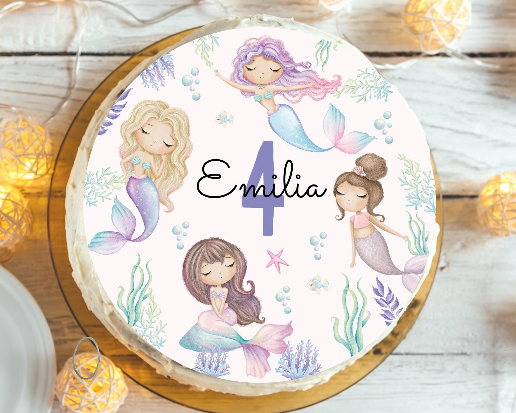 Tortenaufleger Meerjungfrau mit Name & Zahl – personalisiertes Fondantbild für Geburtstag – Unterwasser Nixe 20 cm – Party Decor
