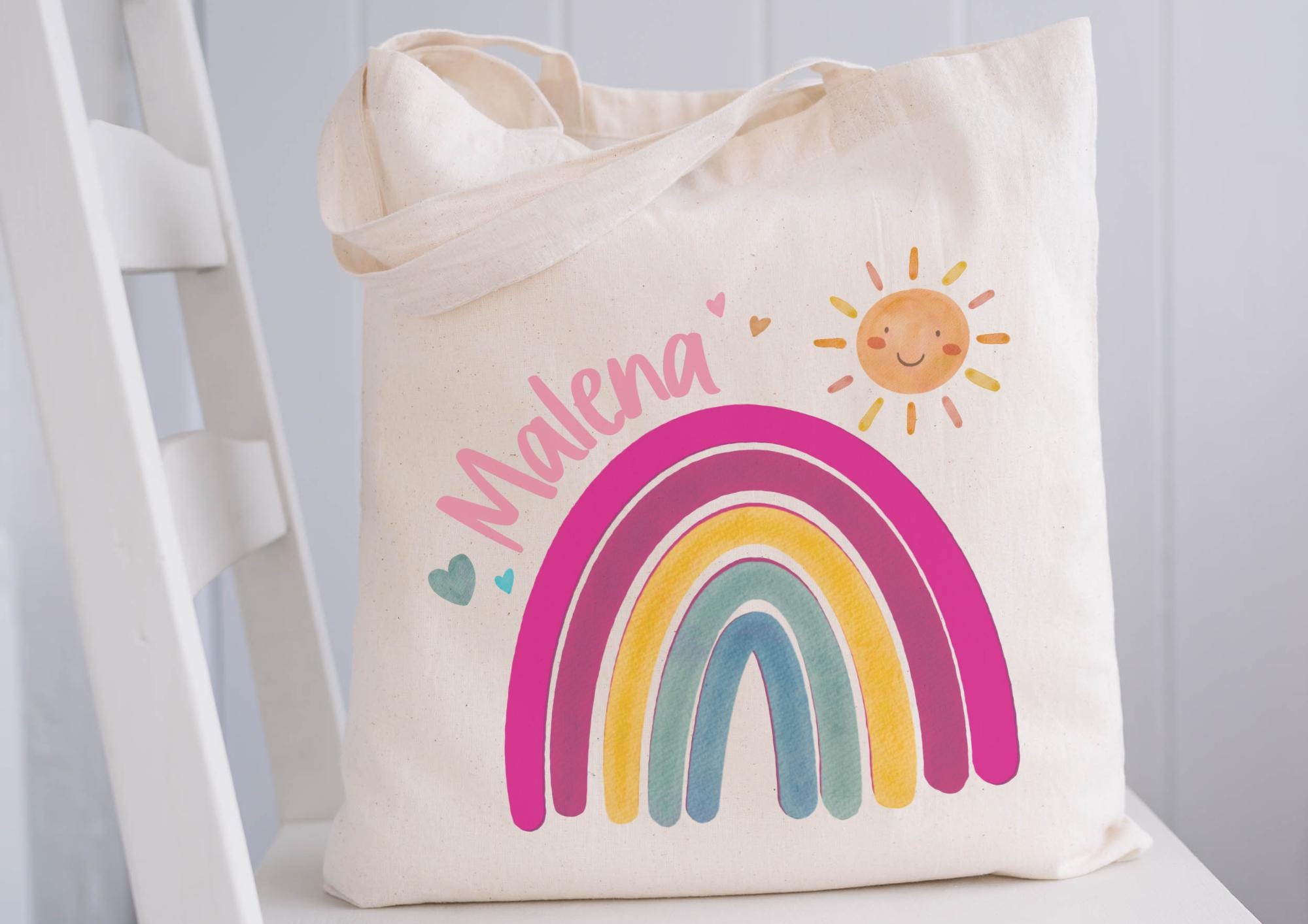 Bunter Turnbeutel mit Namen – Regenbogen & Sonne – personalisiert für Kita und Wechselwäsche – Neon-Optik für – Team Sports & Gym Bags