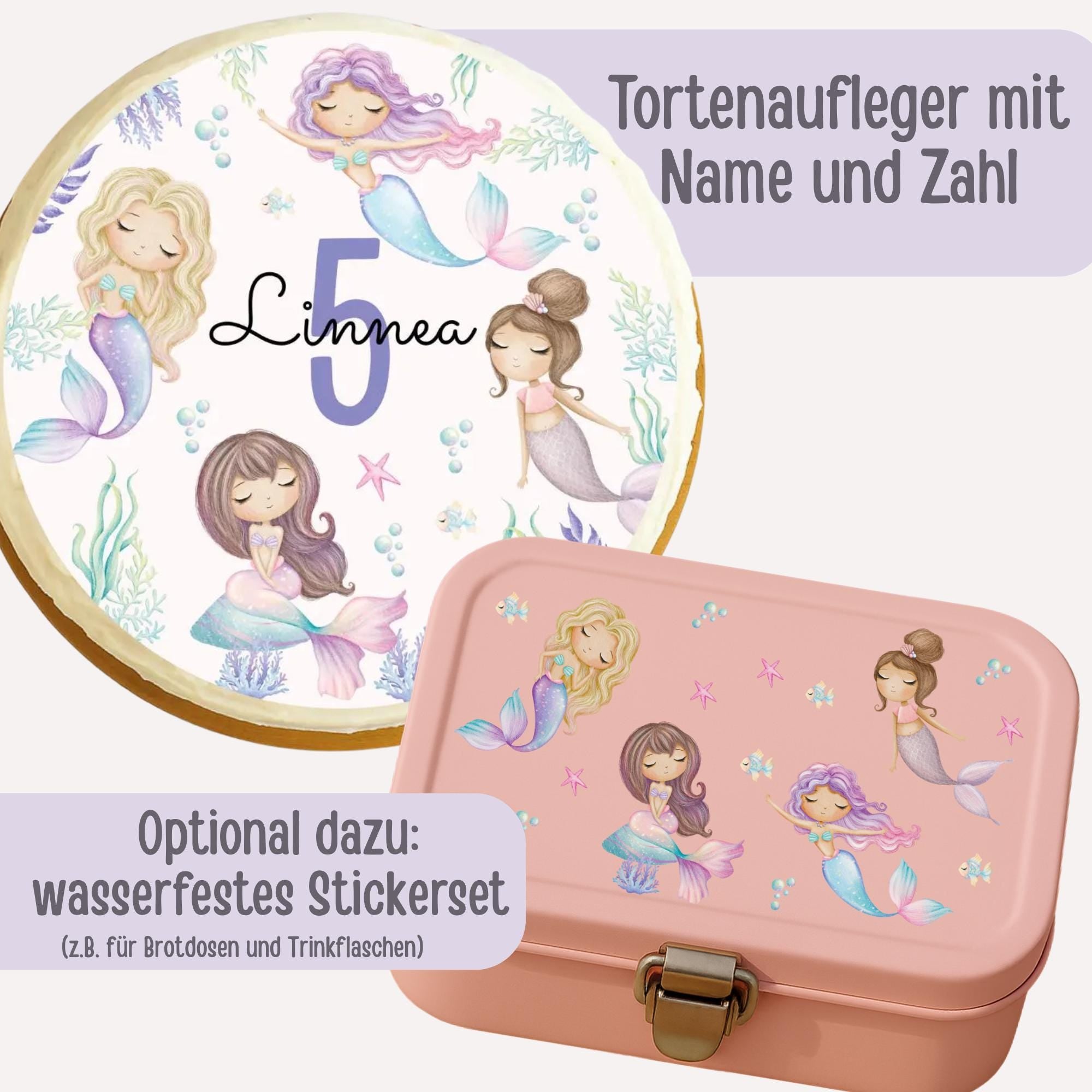 Tortenaufleger Meerjungfrau mit Name & Zahl – personalisiertes Fondantbild für Geburtstag – Unterwasser Nixe 20 cm – Party Decor