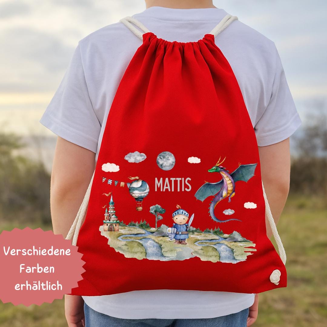 Turnbeutel Drache mit Name – personalisierter gartenbeutel – Kita Wechselwäsche – Ritter mit Burg – Team Sports & Gym Bags