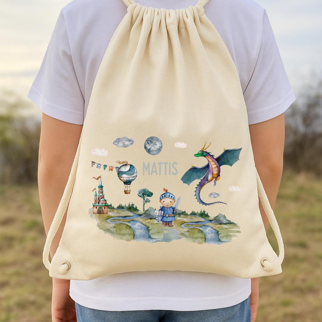 Turnbeutel Drache mit Name – personalisierter gartenbeutel – Kita Wechselwäsche – Ritter mit Burg – Team Sports & Gym Bags