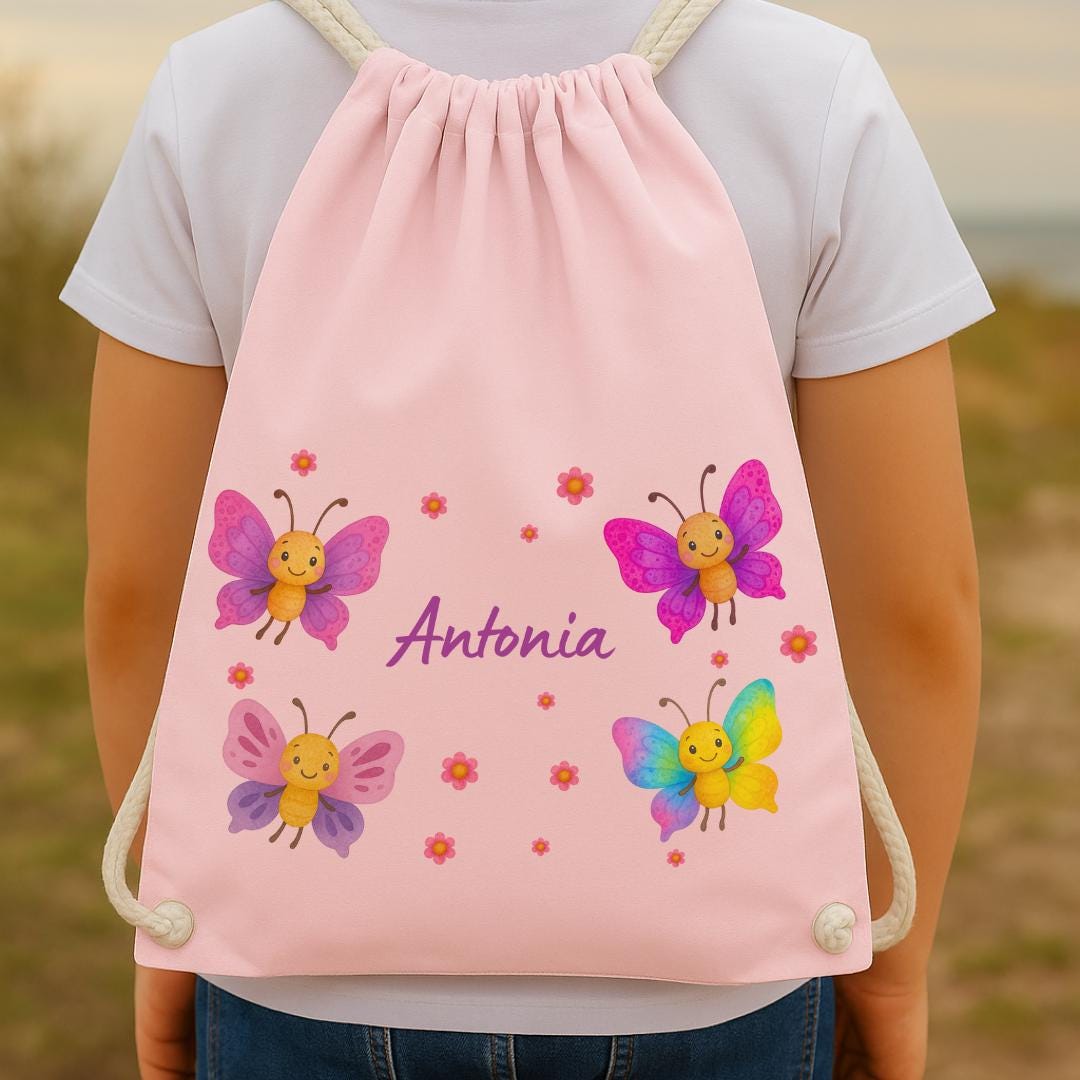 Turnbeutel Schmetterling mit Name – personalisiert für – Kita Wechselwäsche Beutel – garten Tasche – Geschenk Einschulung – Team Sports & Gym Bags