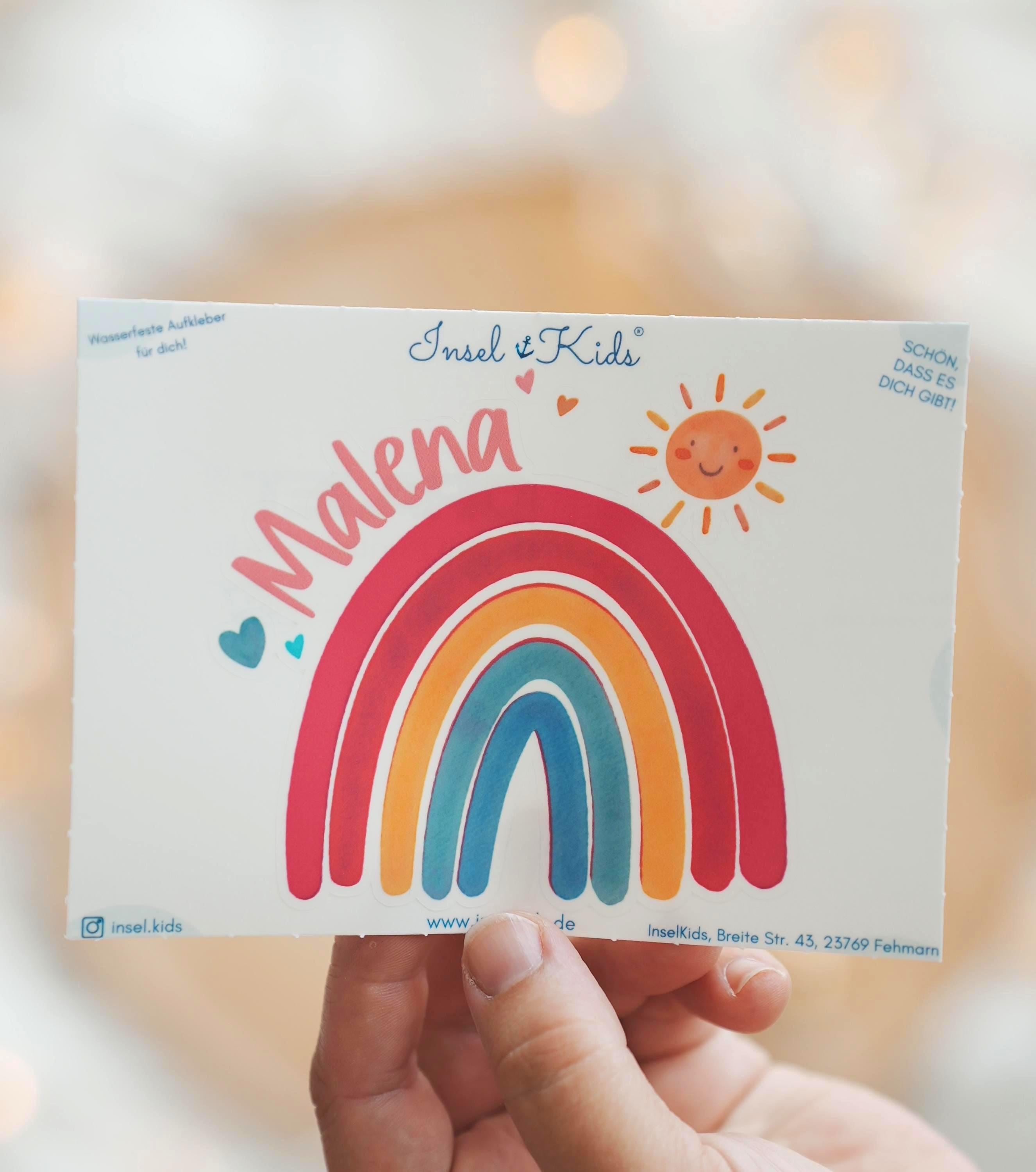 Regenbogen Aufkleber mit Name – personalisierter Einzelsticker wasserfest – für Brotdose, Trinkflasche, Kita & Schule – Boho Design – Stickers