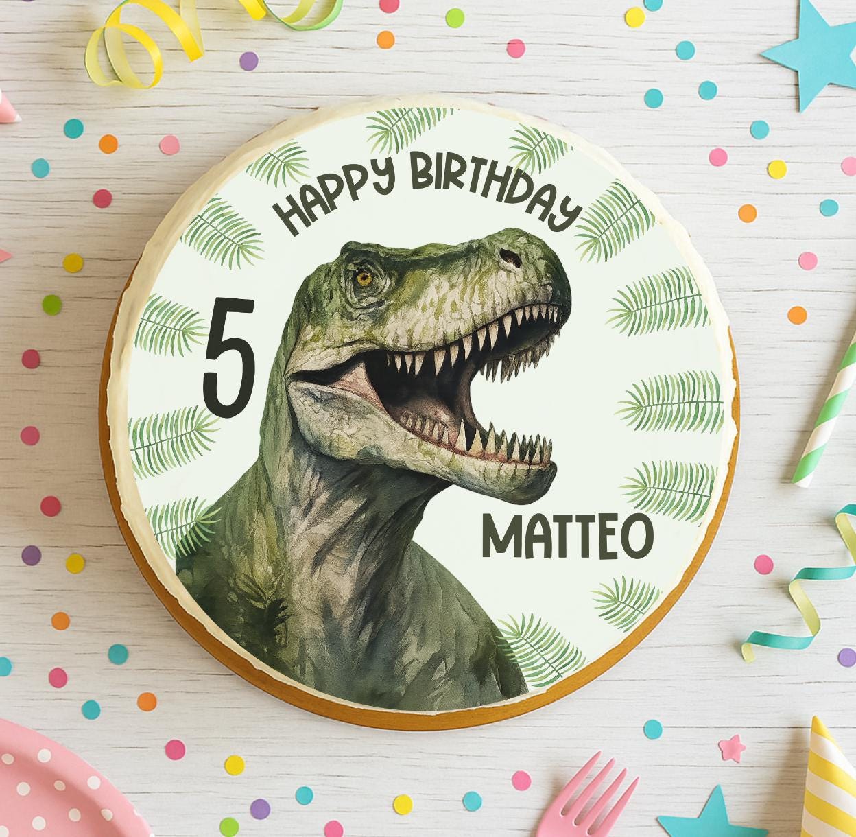 Tortenaufleger T-Rex personalisiert – realistisches Dino- mit Name & Zahl – Geburtstag – Party Decor