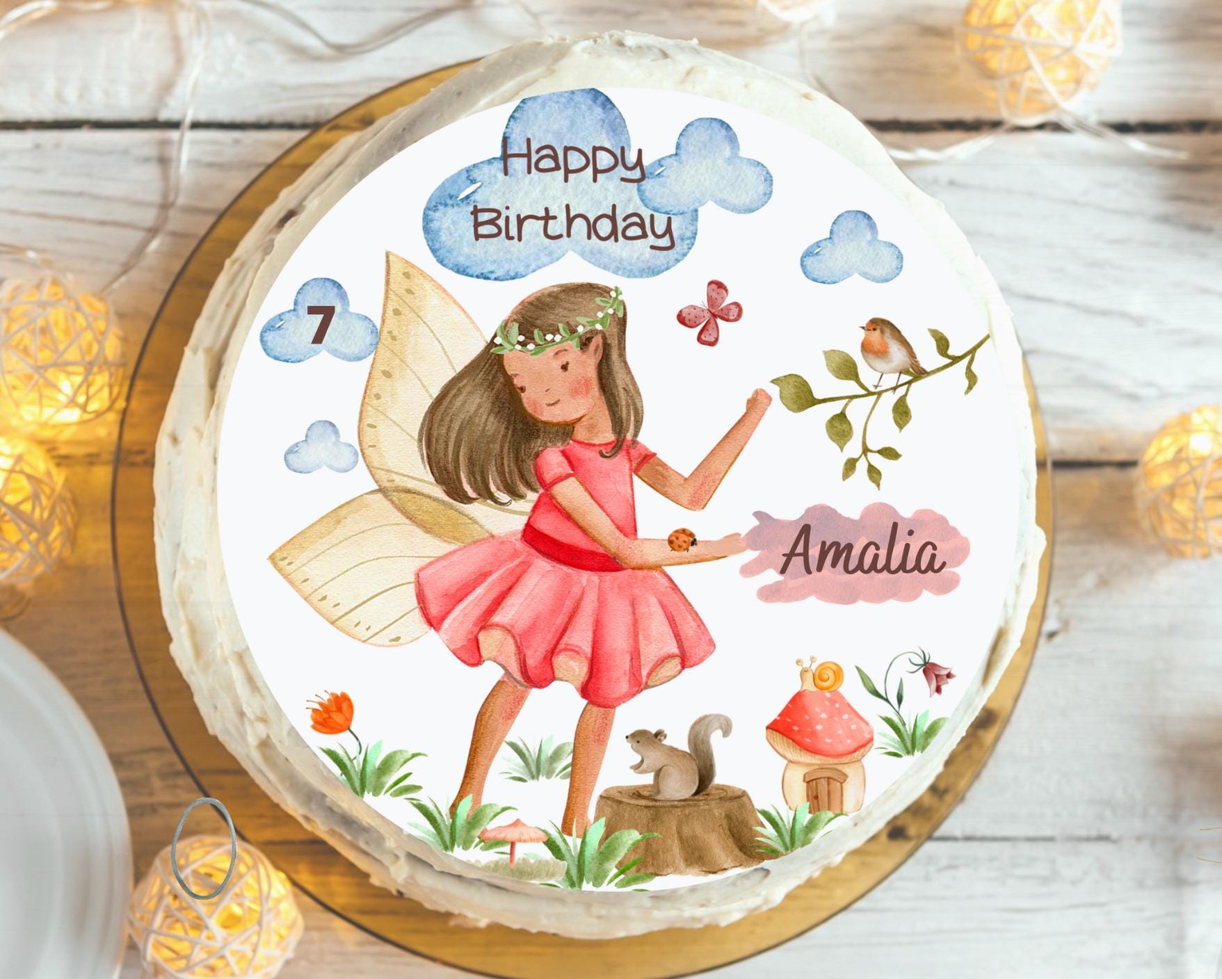 Tortenaufleger Fee personalisiert – Fondantbild Geburtstag – Waldfee Party Deko – mit Name & Zahl – für Kuchen – Party Decor