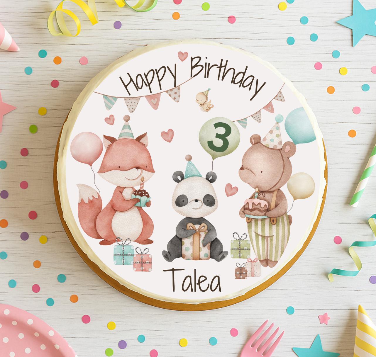 Tortenaufleger Geburtstag Tiere – personalisiert mit Name & Zahl – Fondantbild Fuchs Panda Bär – essbar für und n – Party Decor