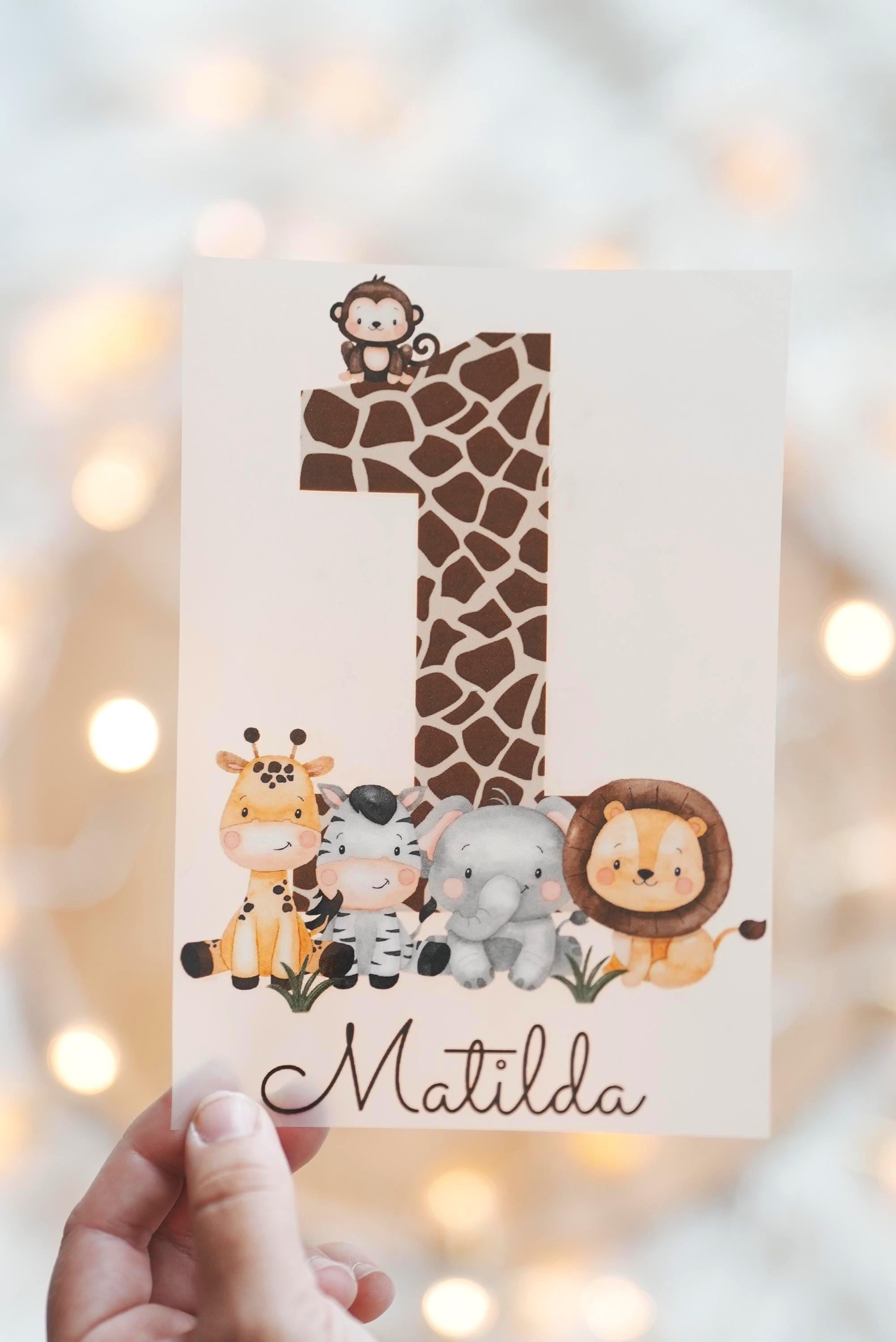 Bügelbild mit Wunschname und Alter personalisiert Dschungel Löwe Giraffe Zebra Safari Safaritiere Dschungeltiere Wild One – Appliques & Patches