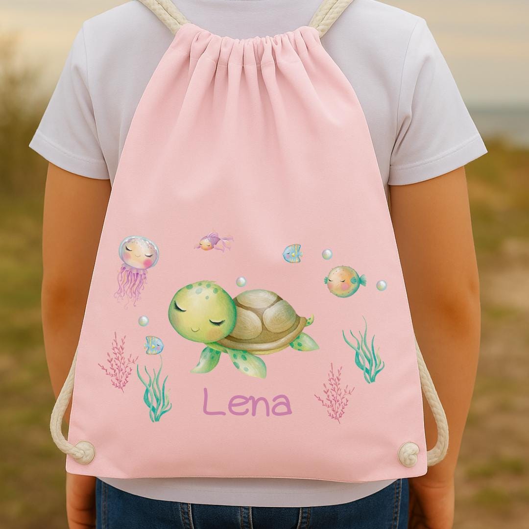 Turnbeutel Schildkröte mit Name – personalisierte Tasche für Kinder & Kita – Unterwasser Beutel Mädchen – Geschenk zum Geburtstag – Team Sports & Gym Bags