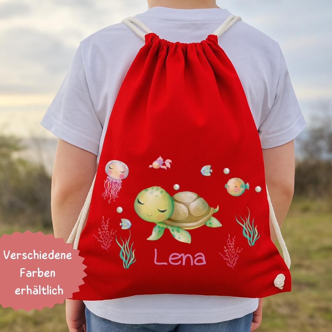 Turnbeutel Schildkröte mit Name – personalisierte Tasche für Kinder & Kita – Unterwasser Beutel Mädchen – Geschenk zum Geburtstag – Team Sports & Gym Bags