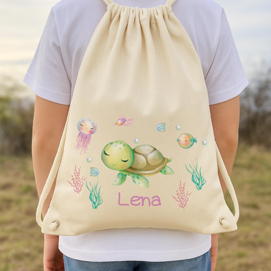 Turnbeutel Schildkröte mit Name – personalisierte Tasche für Kinder & Kita – Unterwasser Beutel Mädchen – Geschenk zum Geburtstag – Team Sports & Gym Bags