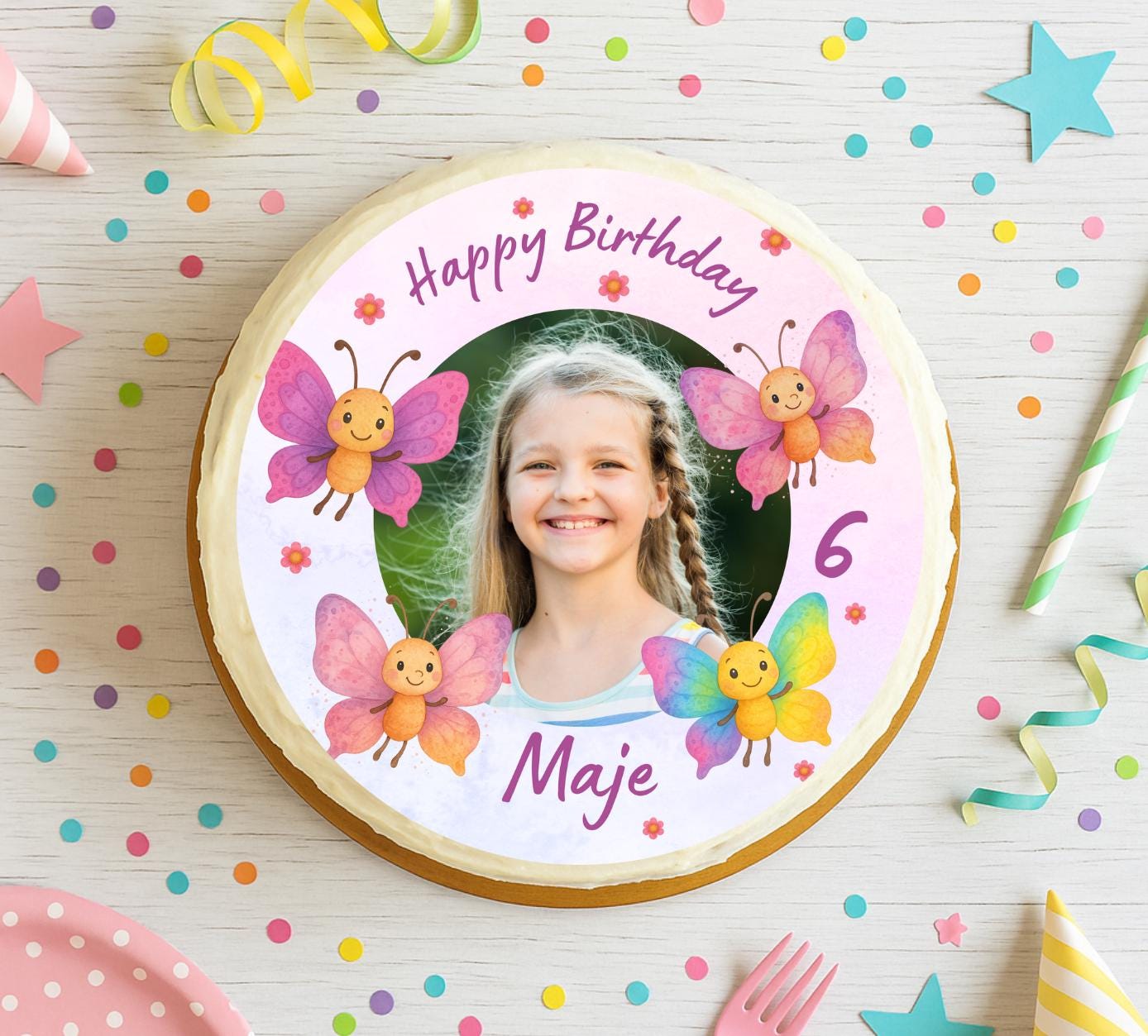 Tortenaufleger mit Foto – Schmetterling rosa/lila – personalisiert für Geburtstag oder Einschulung – aus Fondant – Party Decor