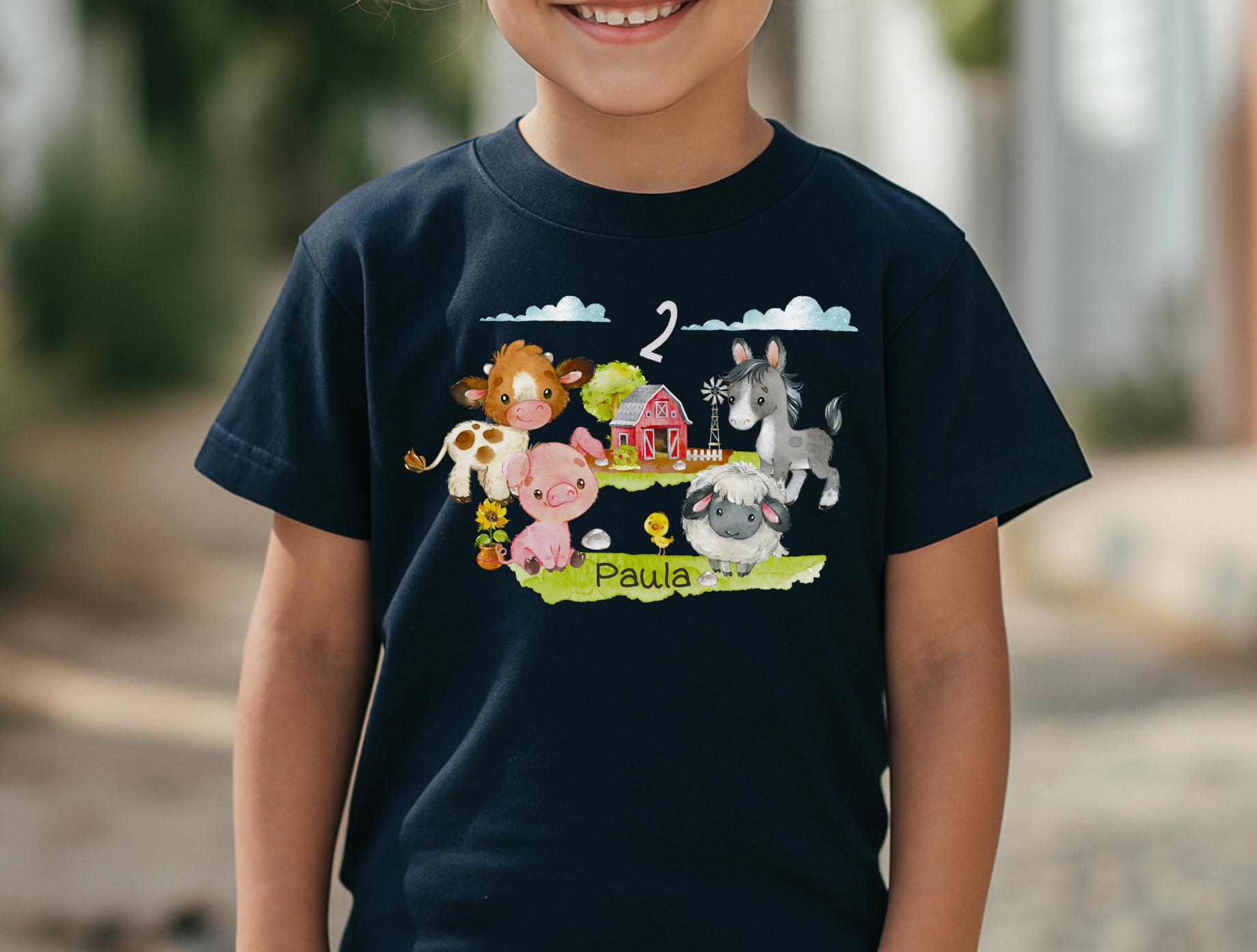 Geburtstagsshirt Bauernhof personalisiert – Shirt mit Name & Zahl – Bauernhoftiere für Mädchen oder Jungen – Geburtstags T-Shirt – T-shirts
