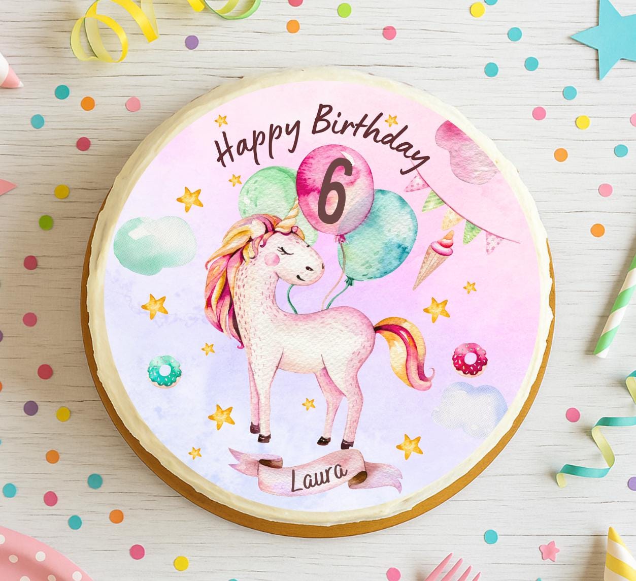Tortenaufleger Einhorn mit Name & Zahl – Fondantbild Geburtstag – personalisiertes rosa Glitzer Regenbogen Ballons – Party Decor