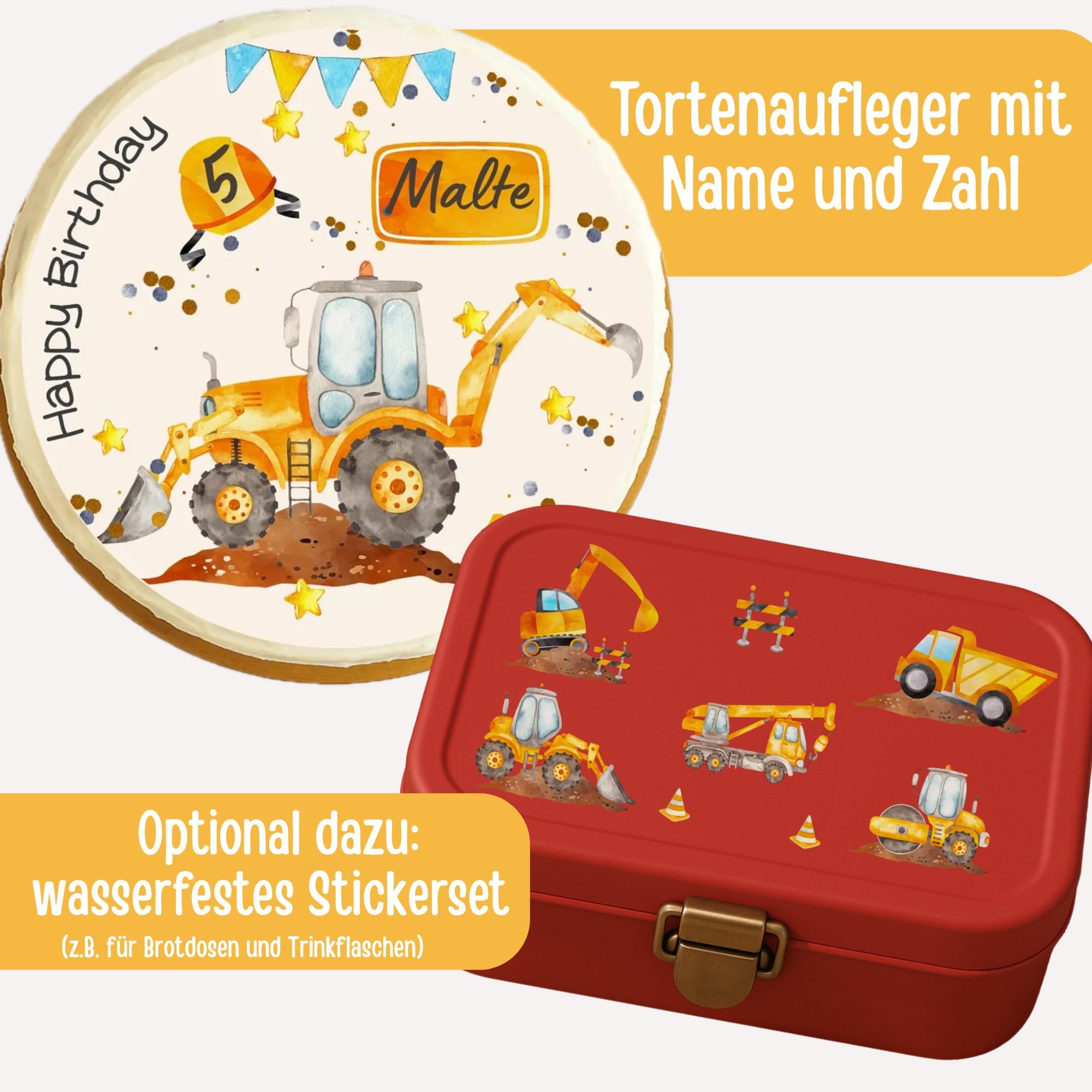 Tortenaufleger Radlader – Fondantbild personalisiert – Geburtstag – Baustelle & Bauarbeiter – n – rund 20 cm – Party Decor