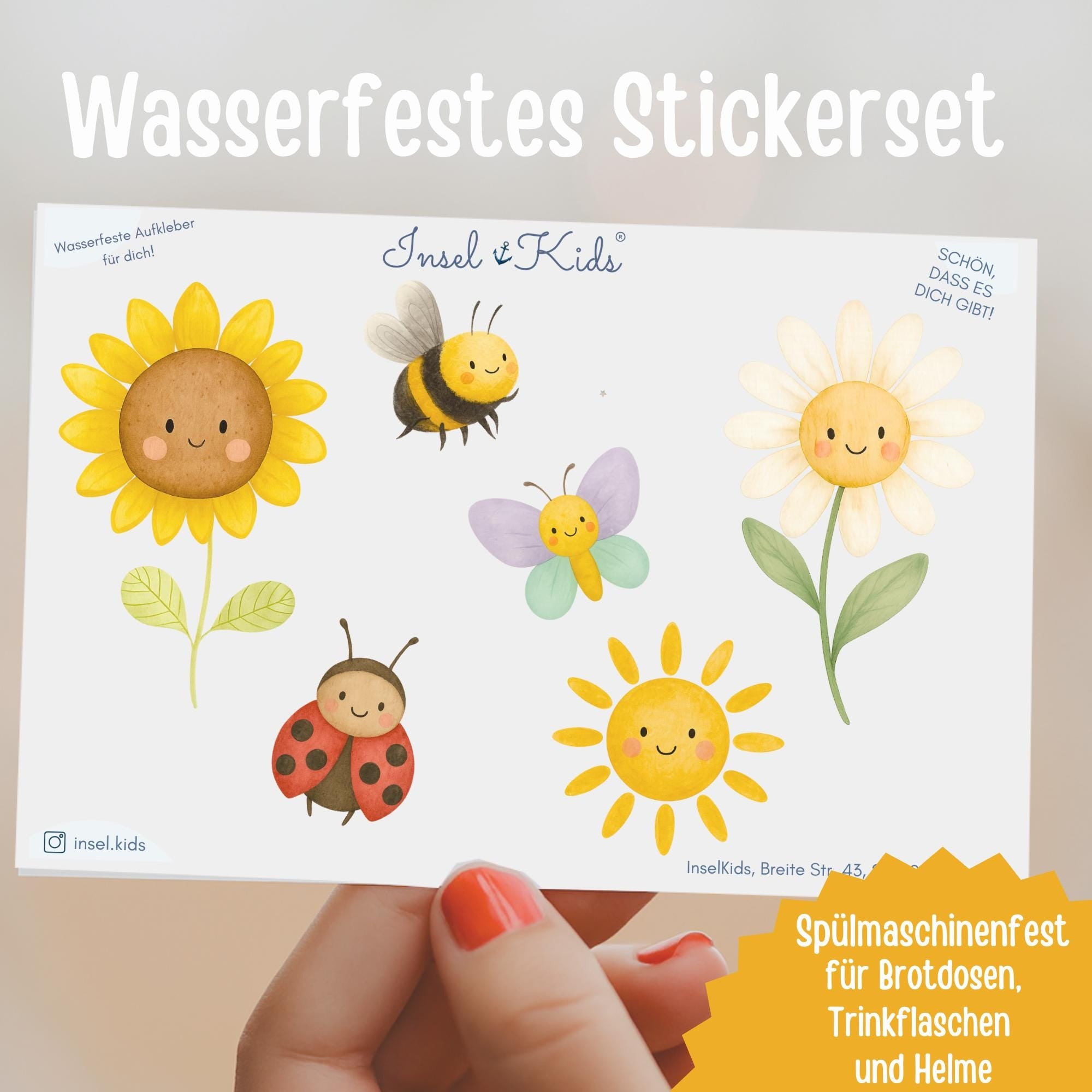 Sticker Sonnenblume Gänseblümchen Schmetterling – wasserfest & spülmaschinenfest – A6 – für Brotdose, Kita und Trinkflasche – Stickers
