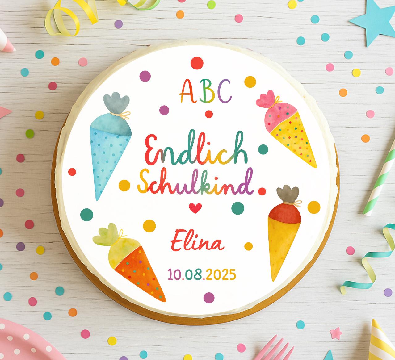 Tortenaufleger Einschulung personalisiert – Schul mit Schultüten – mit Name & Datum – Tortendeko – Ø 20 cm – Party Decor