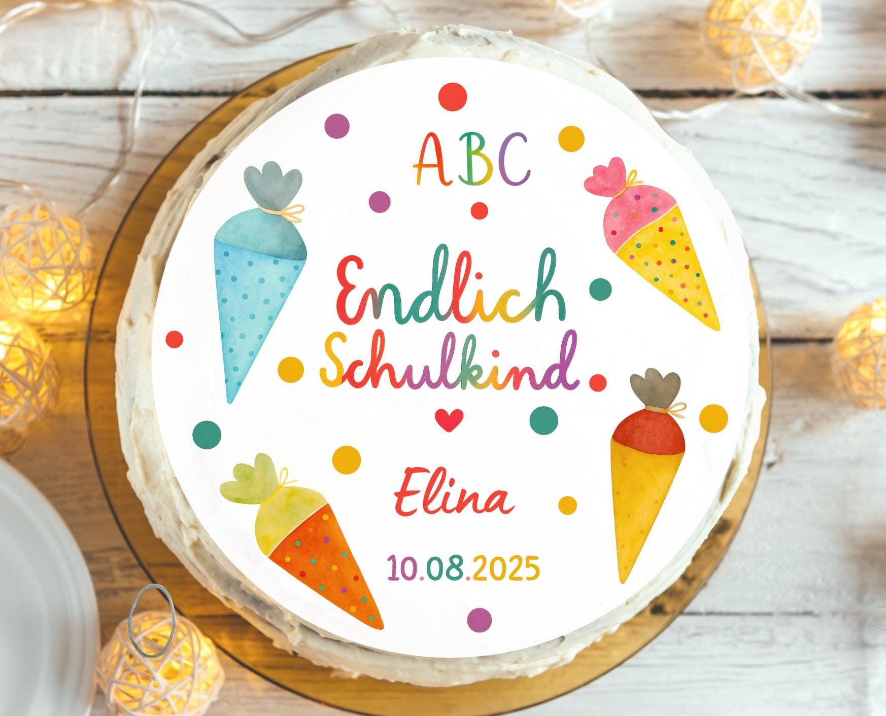 Tortenaufleger Einschulung personalisiert – Schul mit Schultüten – mit Name & Datum – Tortendeko – Ø 20 cm – Party Decor