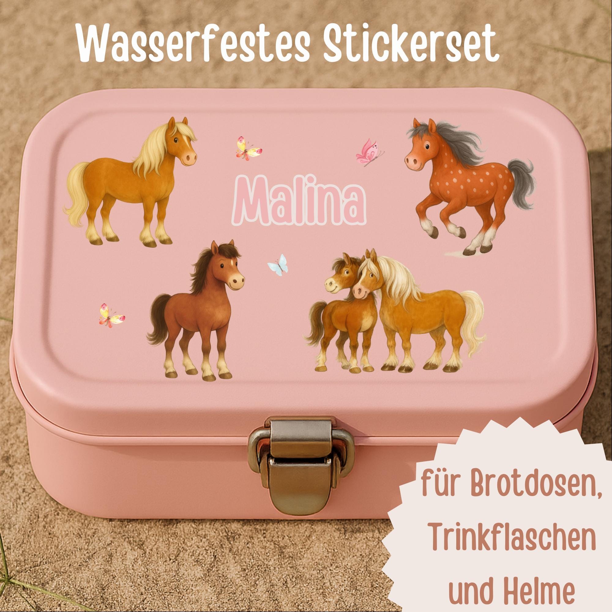 Sticker Pferde mit Name – wasserfestes Aufkleber-Set für Kinder – personalisiert – für Brotdose, Trinkflasche & Helm – A6–A4 – Stickers