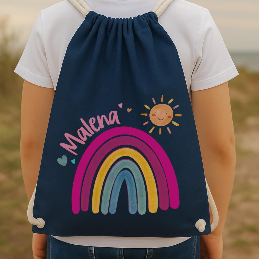 Bunter Turnbeutel mit Namen – Regenbogen & Sonne – personalisiert für Kita und Wechselwäsche – Neon-Optik für – Team Sports & Gym Bags