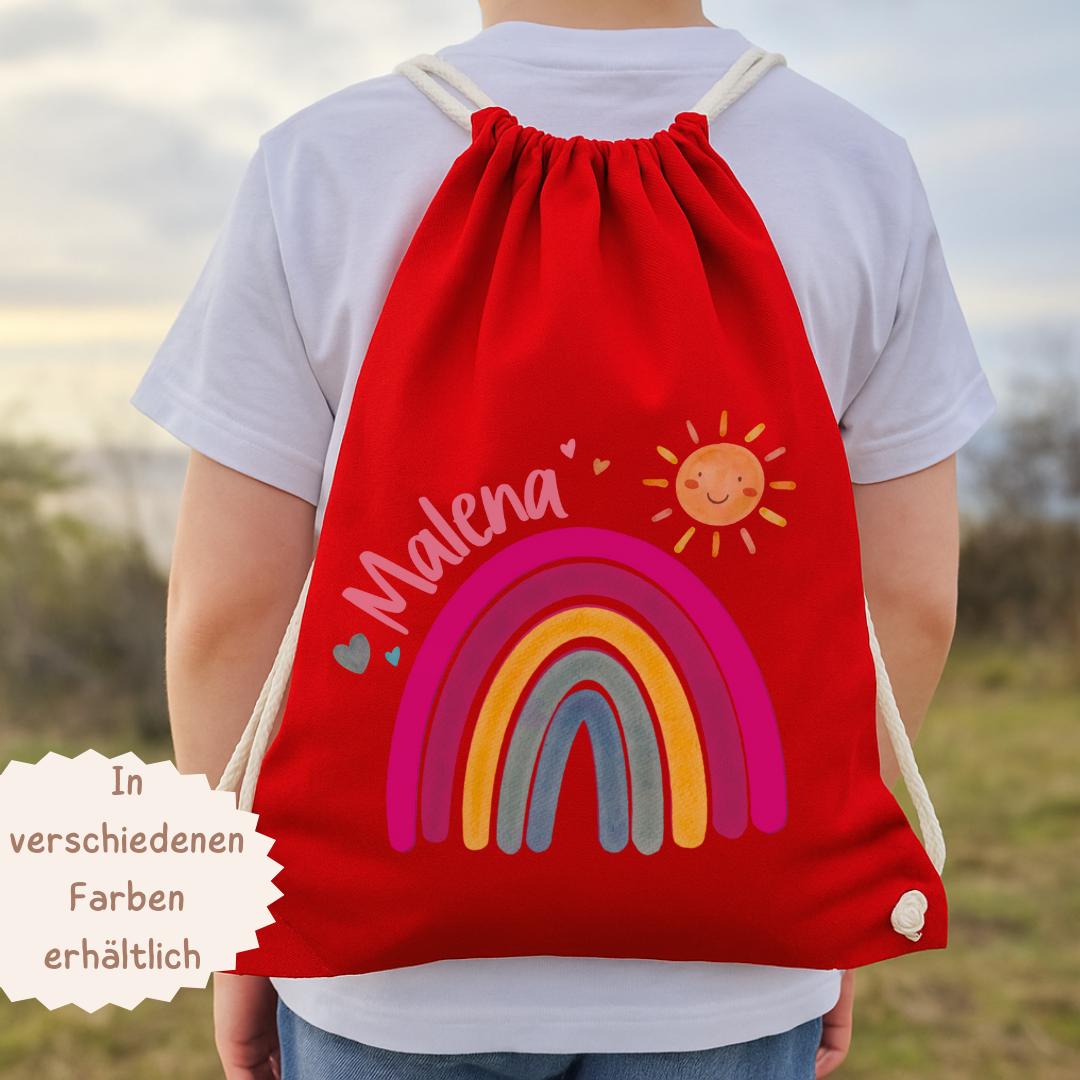 Bunter Turnbeutel mit Namen – Regenbogen & Sonne – personalisiert für Kita und Wechselwäsche – Neon-Optik für – Team Sports & Gym Bags