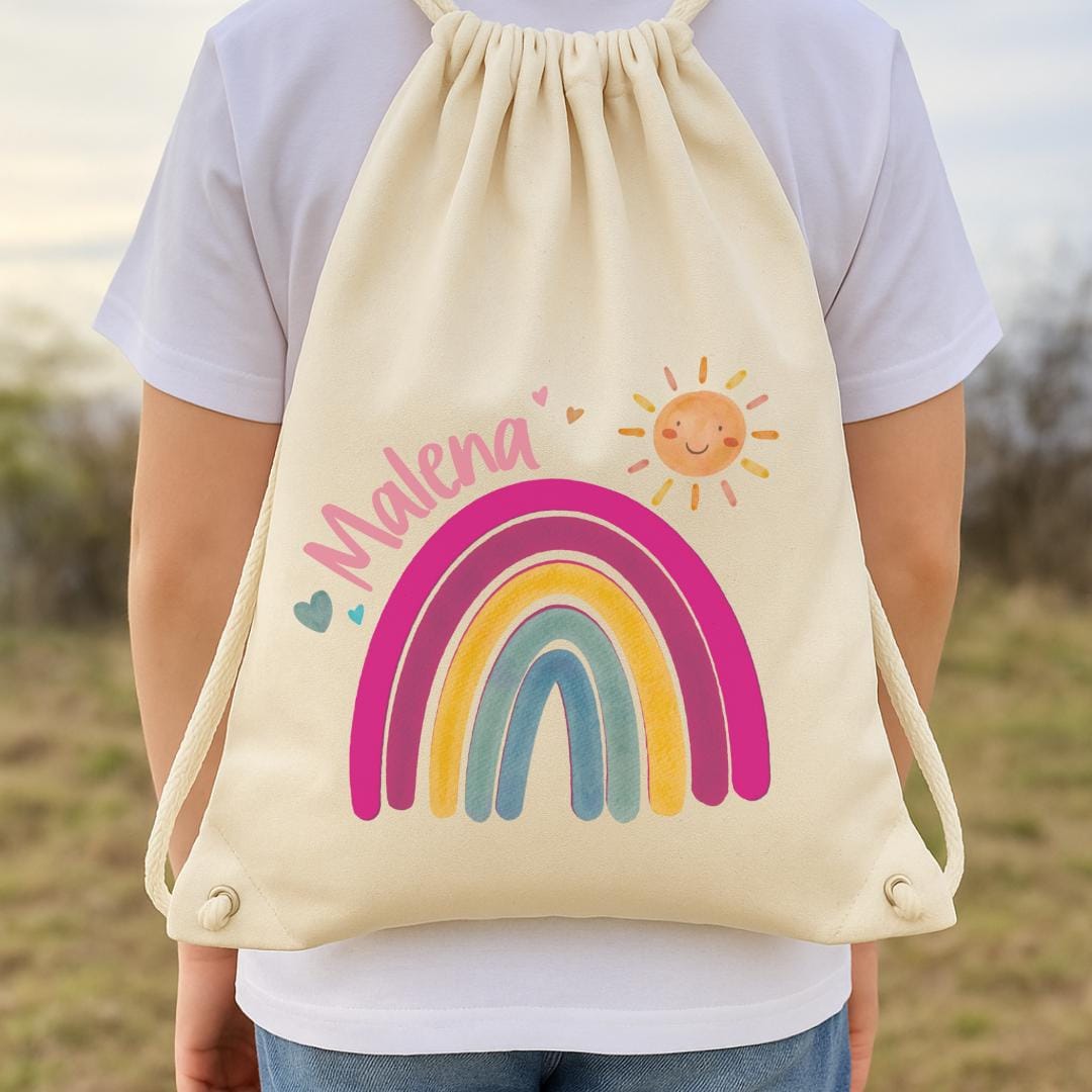 Bunter Turnbeutel mit Namen – Regenbogen & Sonne – personalisiert für Kita und Wechselwäsche – Neon-Optik für – Team Sports & Gym Bags