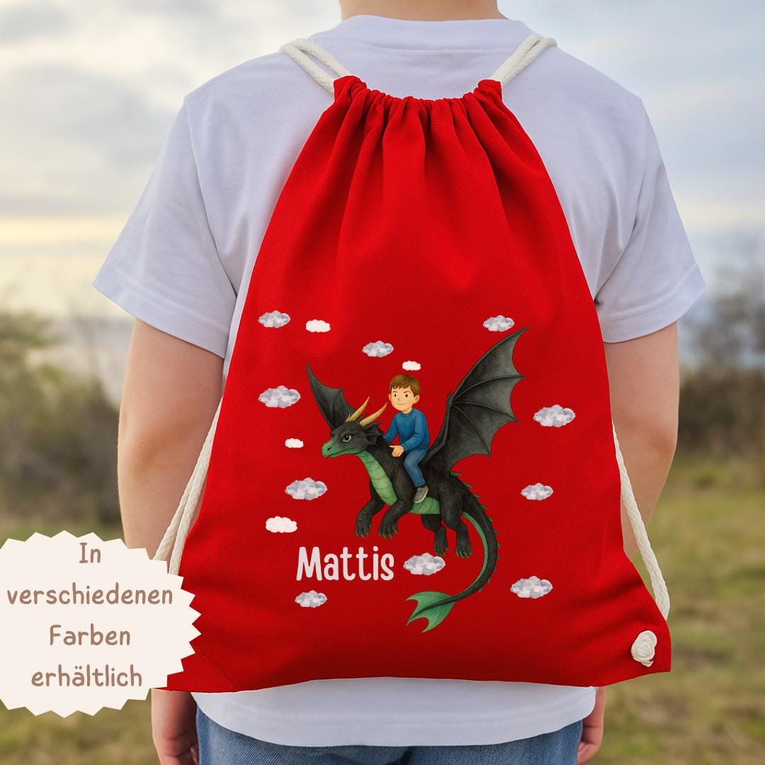 Turnbeutel Drache mit Namen – personalisiert für n – Einschulung Geschenk – Kita Beutel Fantasie Held – Team Sports & Gym Bags