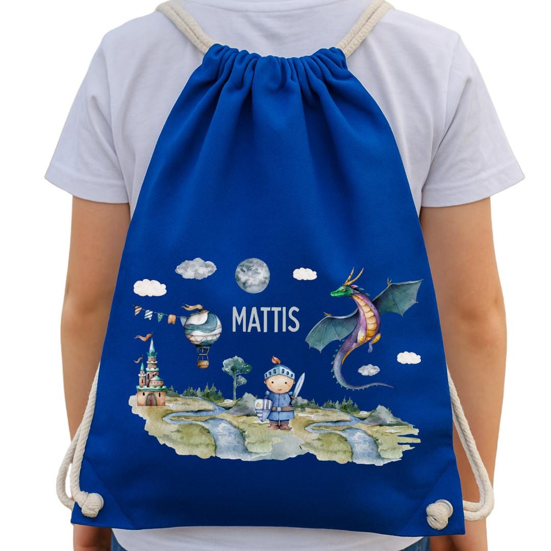 Turnbeutel Drache mit Name – personalisierter gartenbeutel – Kita Wechselwäsche – Ritter mit Burg – Team Sports & Gym Bags
