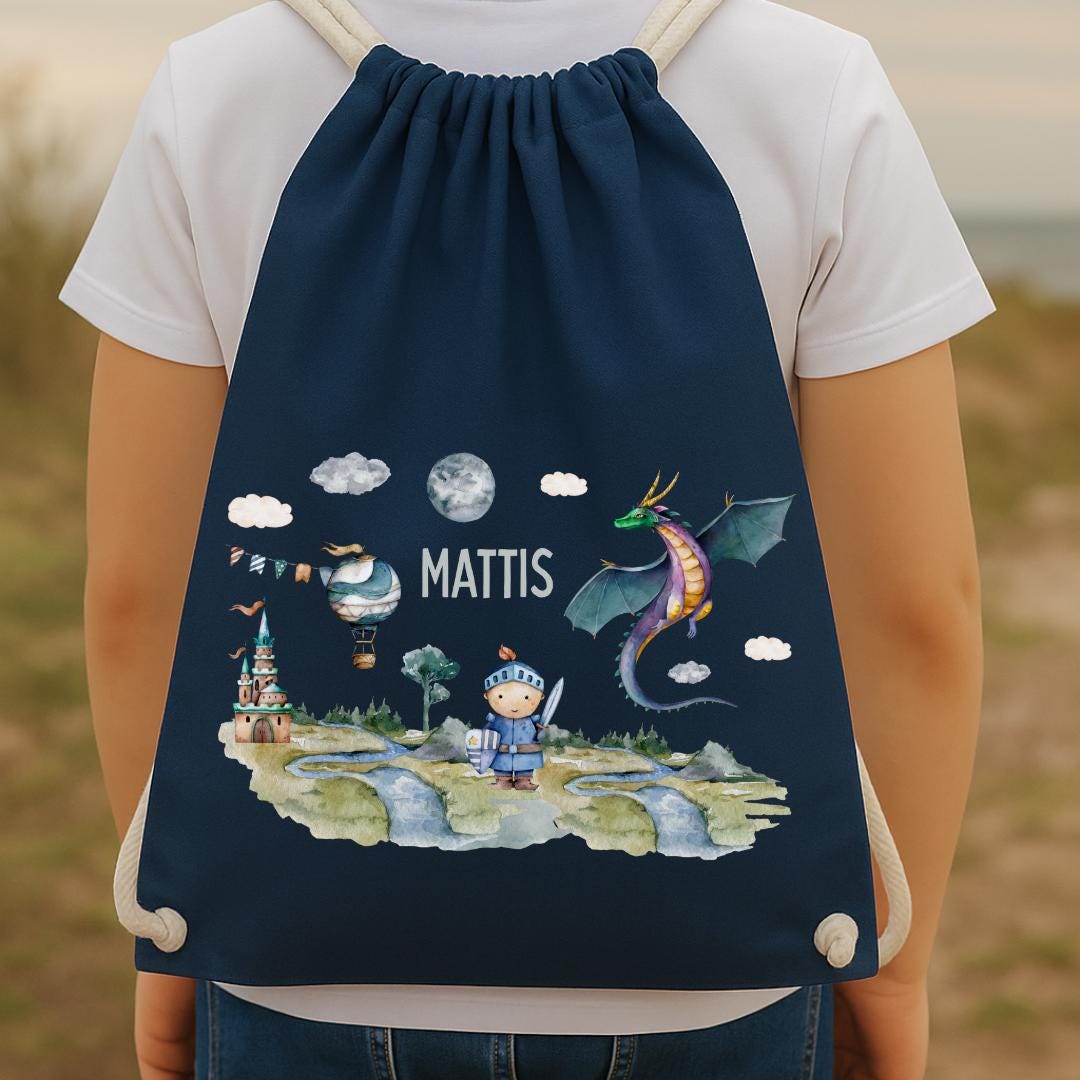 Turnbeutel Drache mit Name – personalisierter gartenbeutel – Kita Wechselwäsche – Ritter mit Burg – Team Sports & Gym Bags