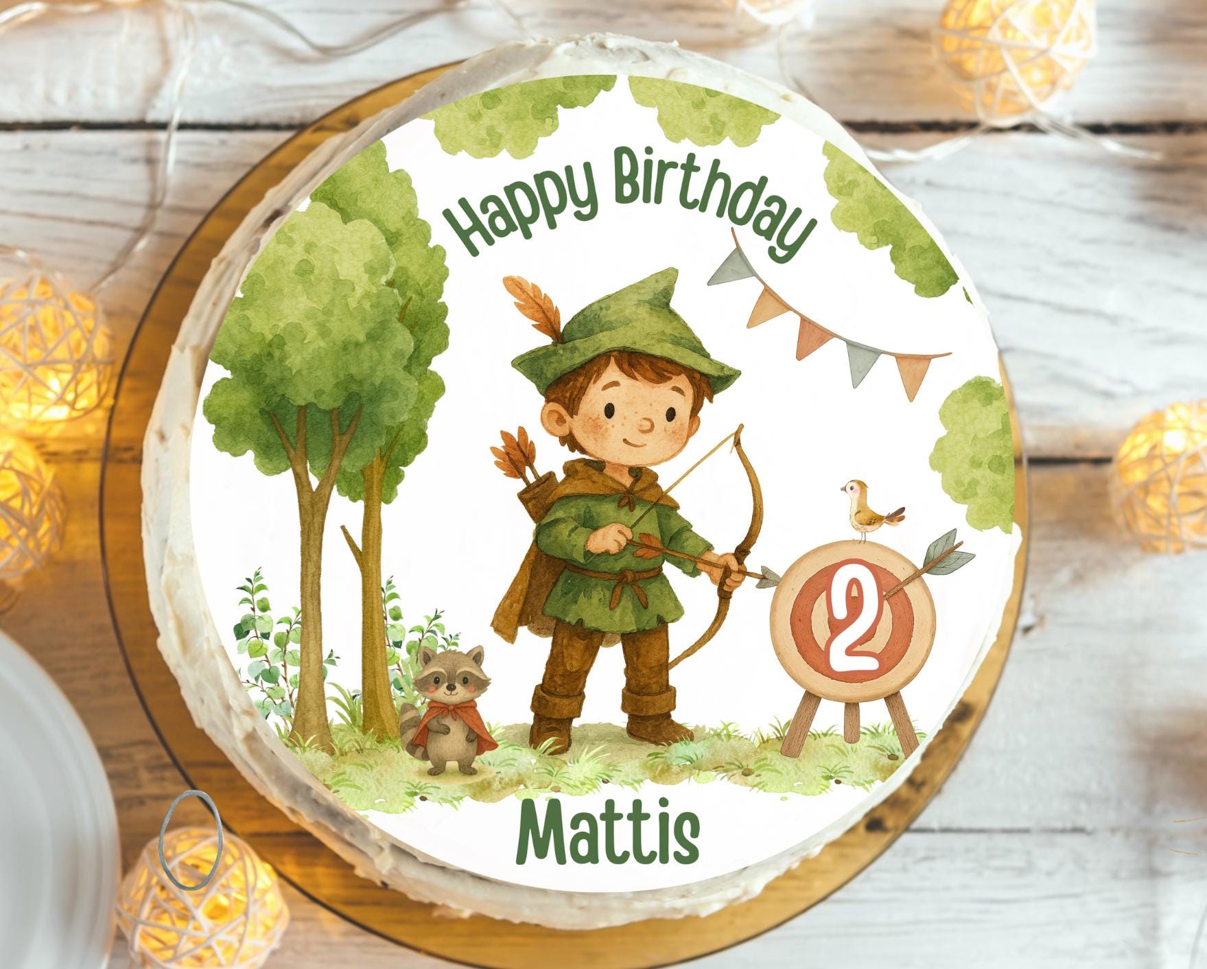 Tortenaufleger Robin Hood personalisiert – Fondantbild mit Name & Zahl – Wald Geburtstag – Bogenschütze Motto – – Party Decor