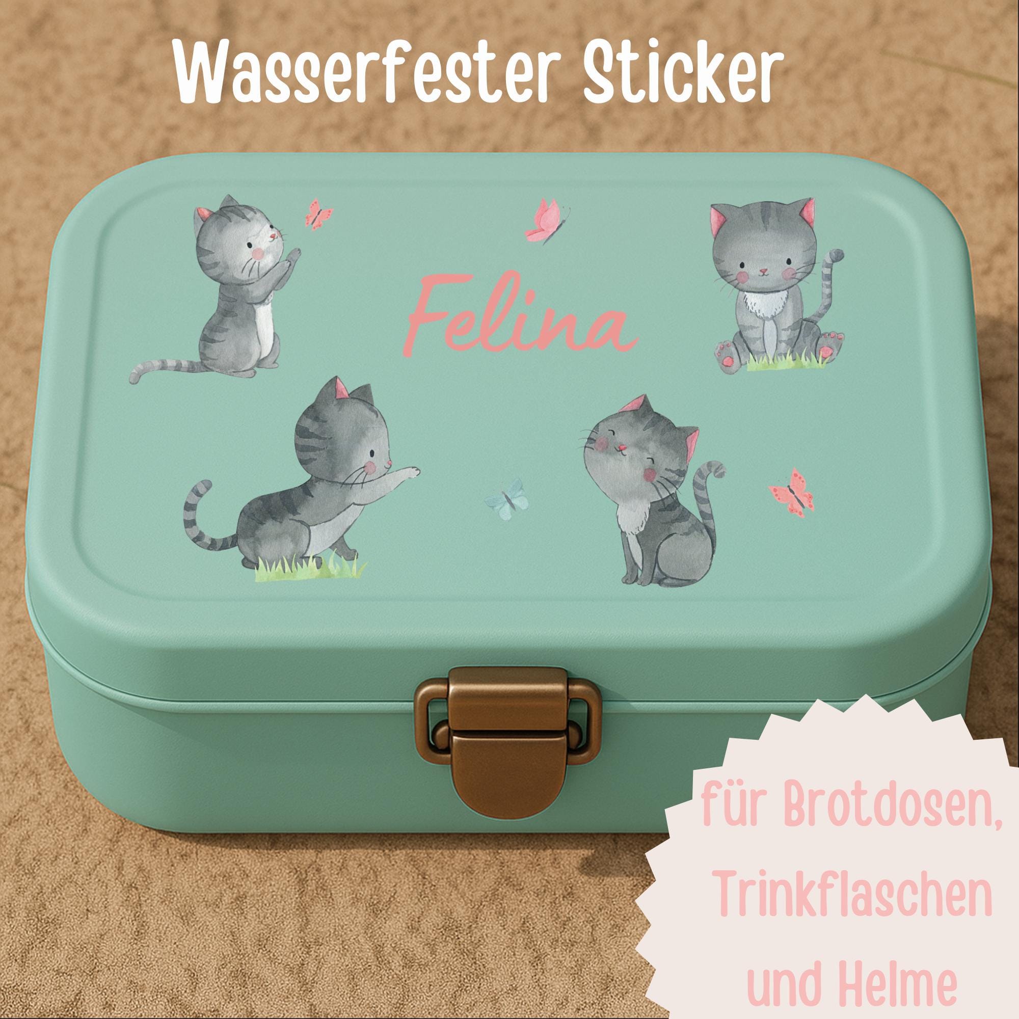Katzen Sticker mit Namen – personalisiert & spülmaschinenfest – wasserfeste Aufkleber Kinder – Geschenk Idee Brotdose Kita Schule – Stickers