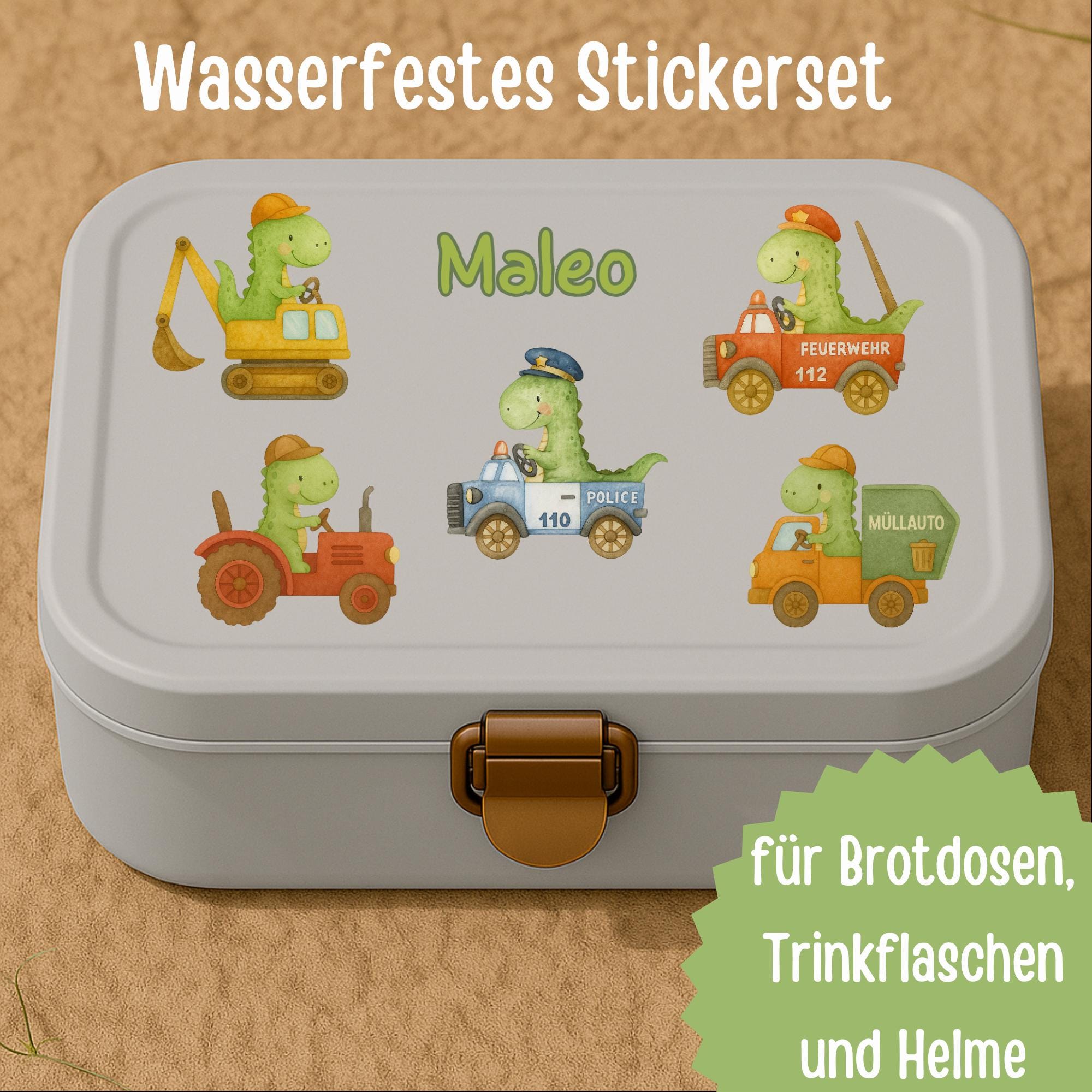 Personalisierte Dino Sticker für Kinder – spülmaschinenfest & wasserfest – mit Fahrzeugmotiven und Namen – Stickers
