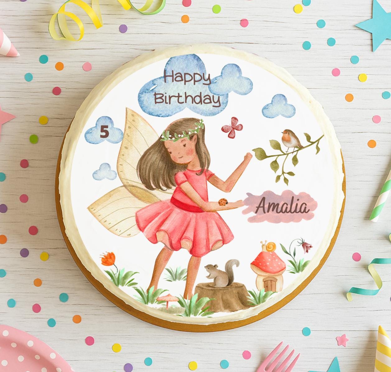 Tortenaufleger Fee personalisiert – Fondantbild Geburtstag – Waldfee Party Deko – mit Name & Zahl – für Kuchen – Party Decor