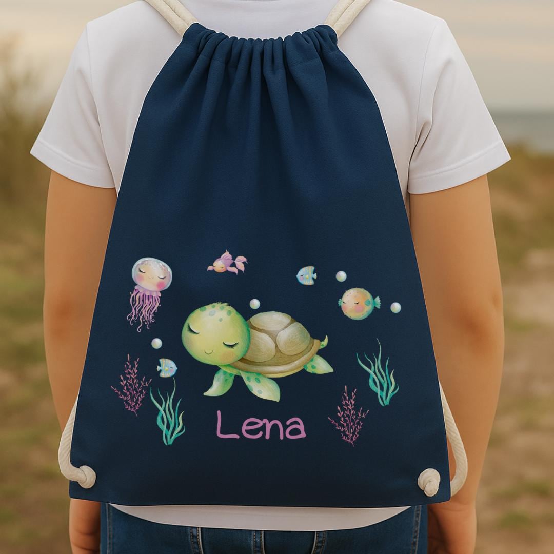 Turnbeutel Schildkröte mit Name – personalisierte Tasche für Kinder & Kita – Unterwasser Beutel Mädchen – Geschenk zum Geburtstag – Team Sports & Gym Bags