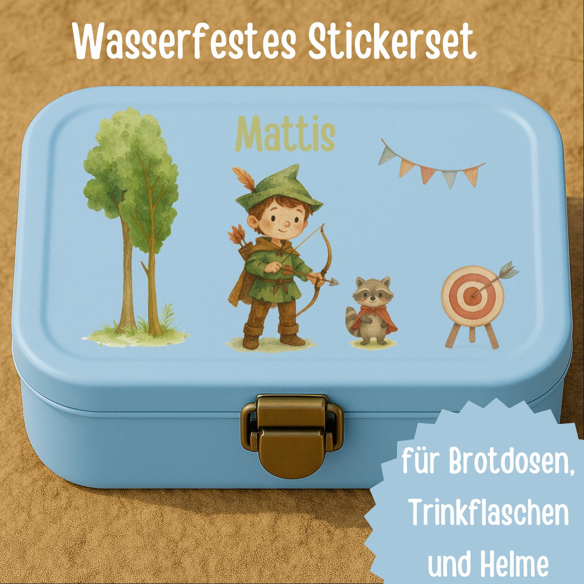 Sticker Set personalisiert – Robin Hood mit Bogen – wasserfest für Brotdose, zimmer & Mottoparty n – Stickers