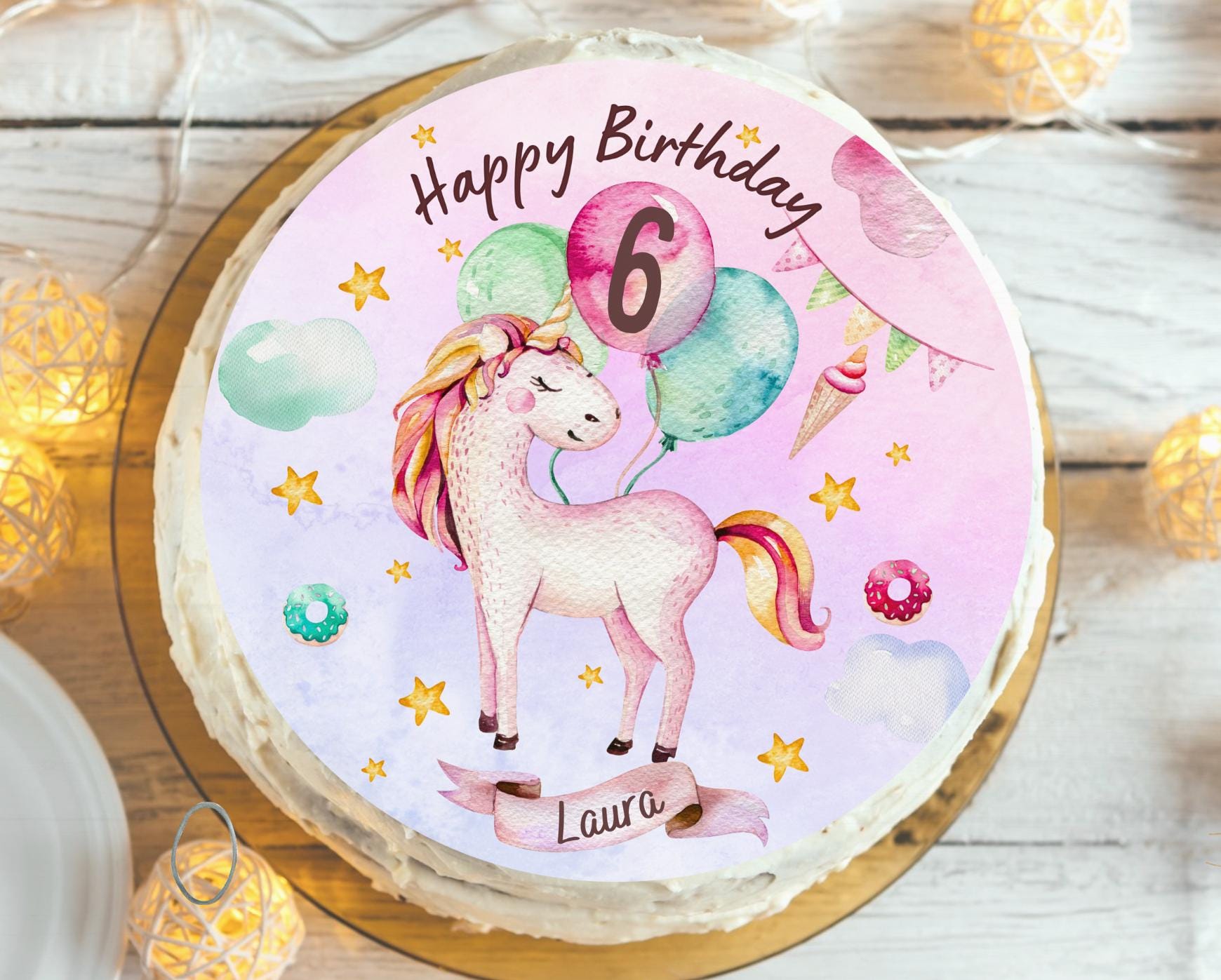 Tortenaufleger Einhorn mit Name & Zahl – Fondantbild Geburtstag – personalisiertes rosa Glitzer Regenbogen Ballons – Party Decor