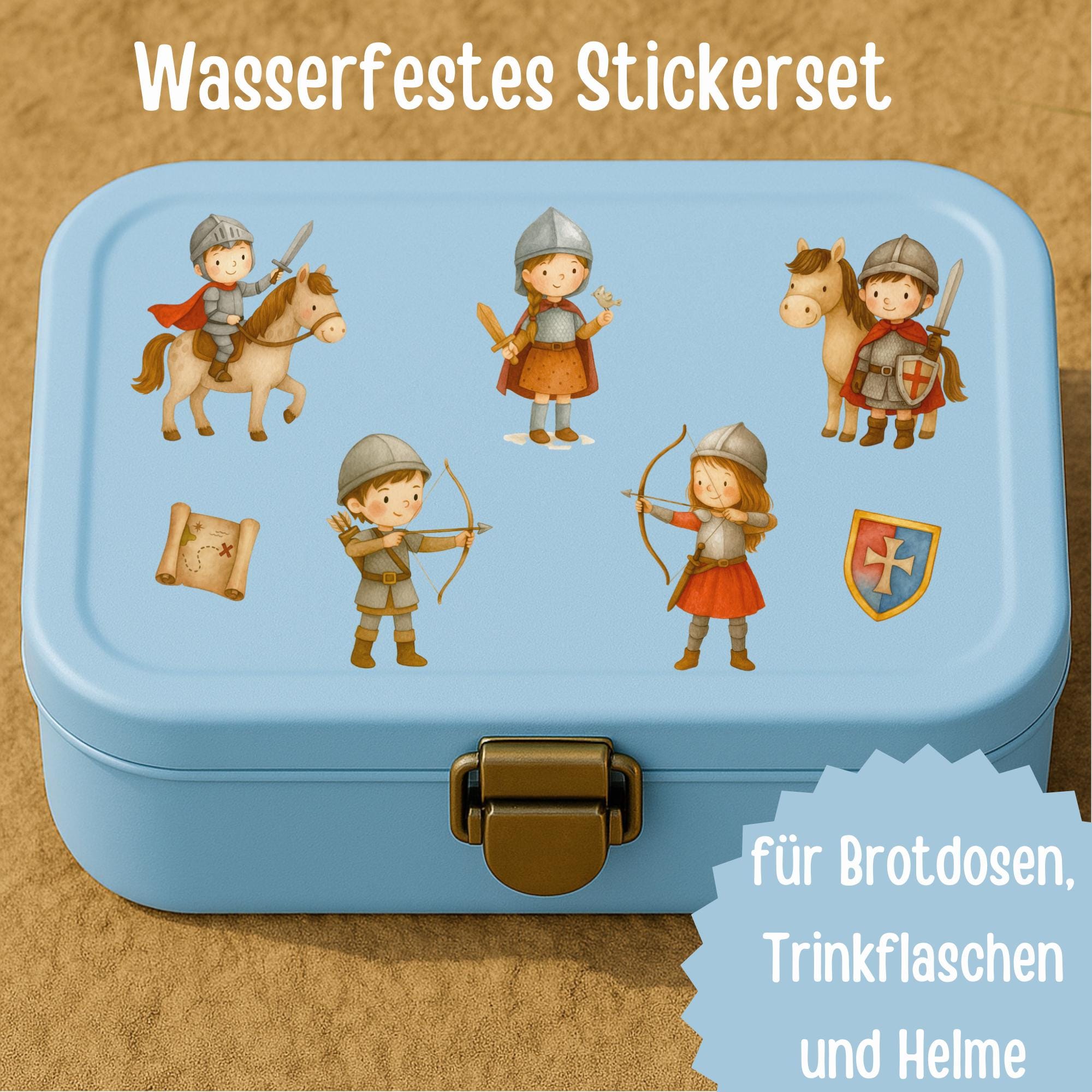 Ritter Sticker Set für – wasserfeste Aufkleber Mittelalter – Ritterburg, Bogen, Pferd – Aquarell Sticker A6 A5 A4 – Stickers