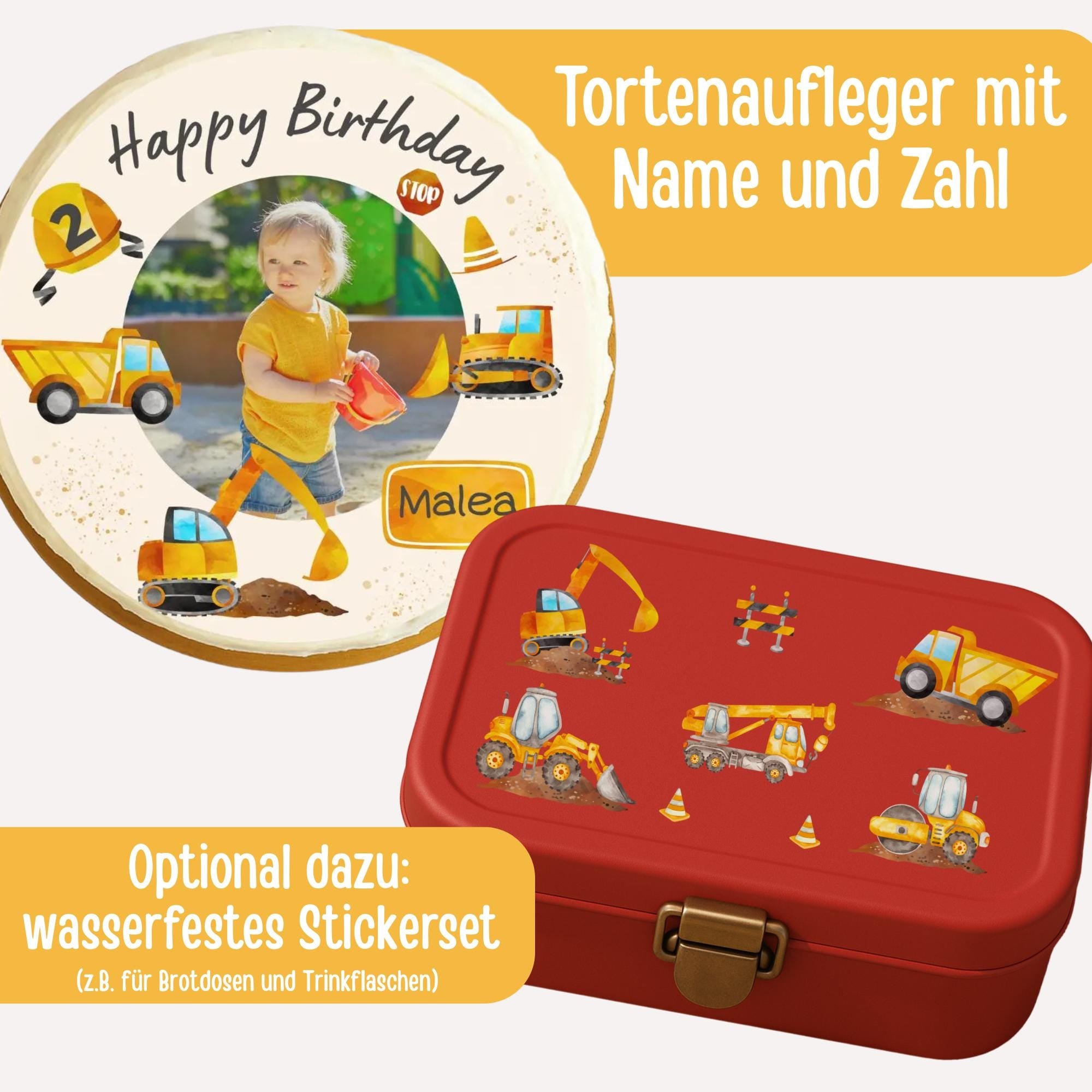 Tortenaufleger mit Foto – personalisiertes für – Baustellenparty mit Stoppschild & Bagger – Fondantbild – Party Decor