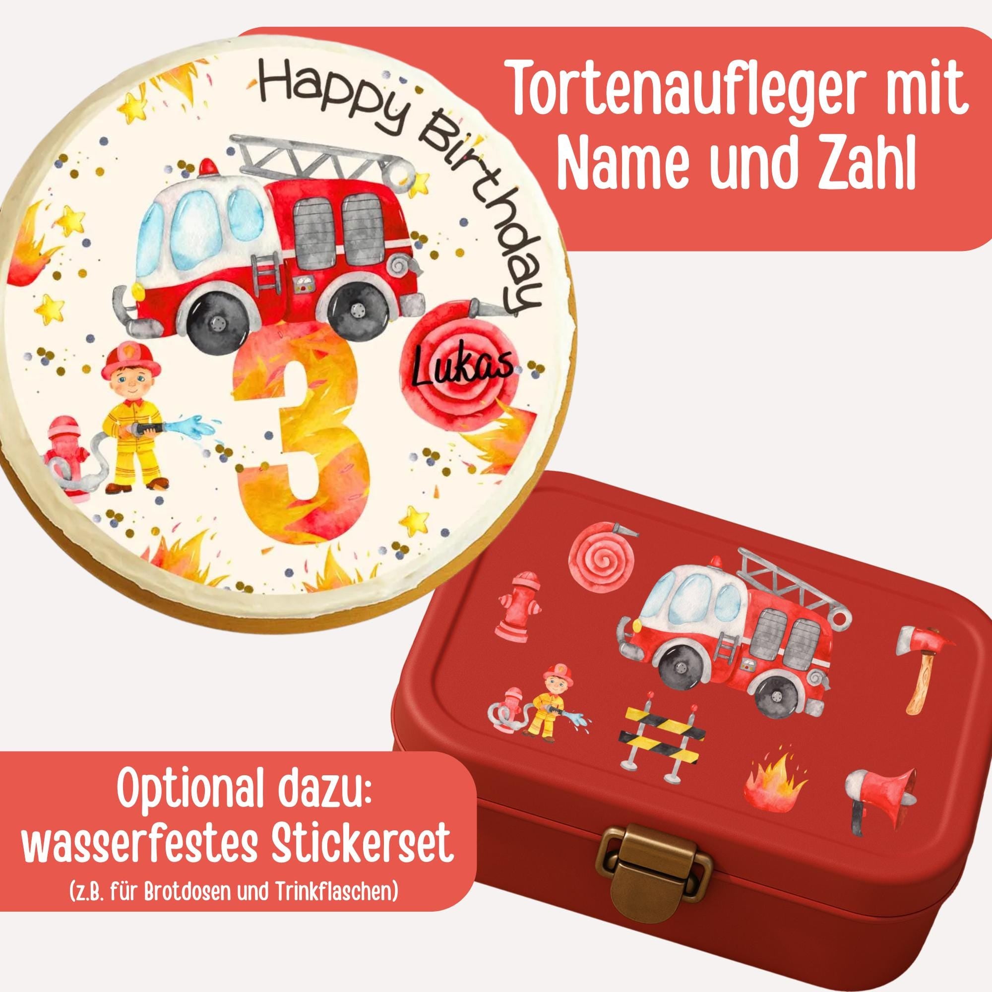 Tortenaufleger Feuerwehr – mit großer Zahl & Name – für geburtstag – essbar – 20 cm – personalisiert – Party Decor