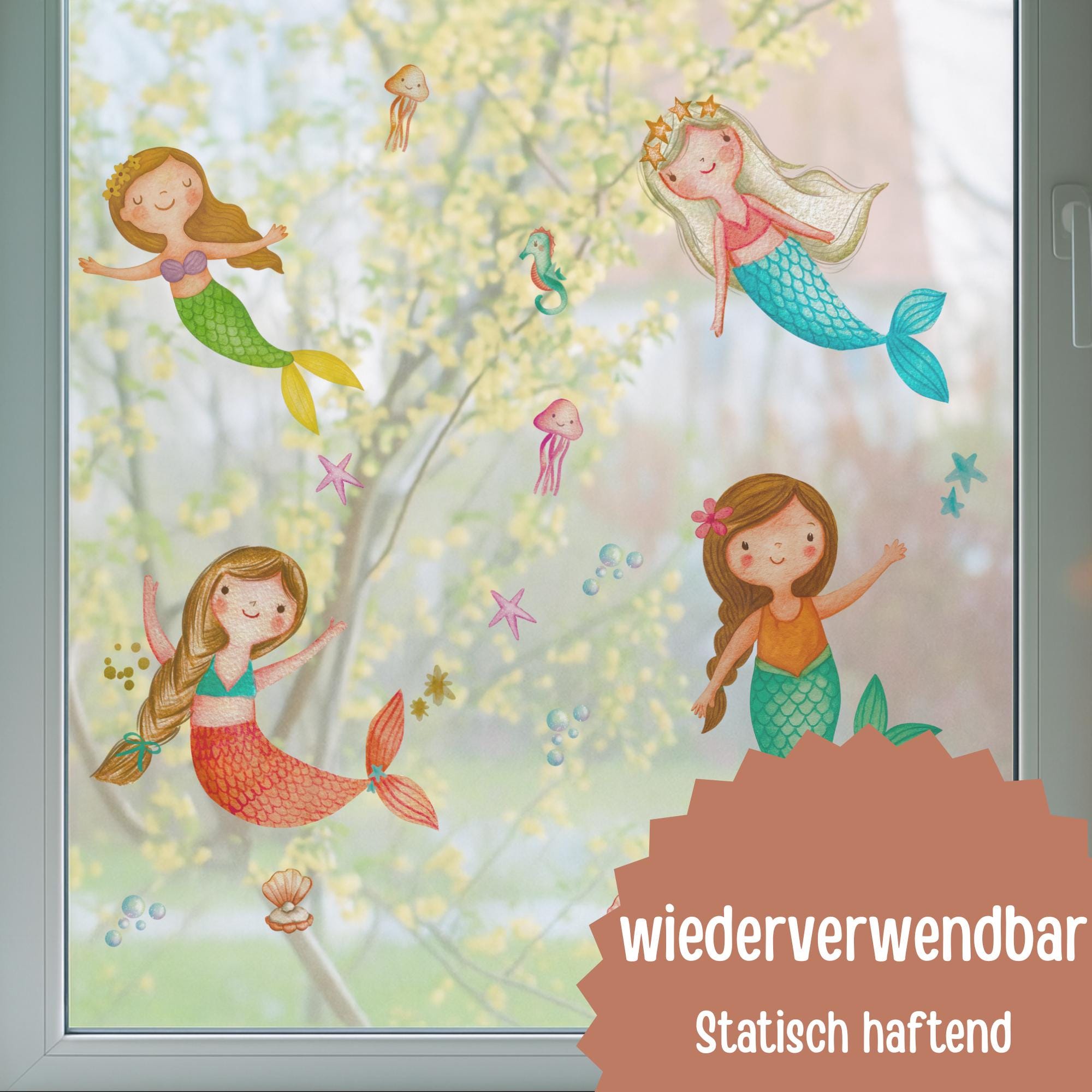 Fensterbild Meerjungfrau Kinderzimmer – Fensterdeko statisch haftend & wiederverwendbar – Fenstersticker Mädchen Unterwasserwelt – 