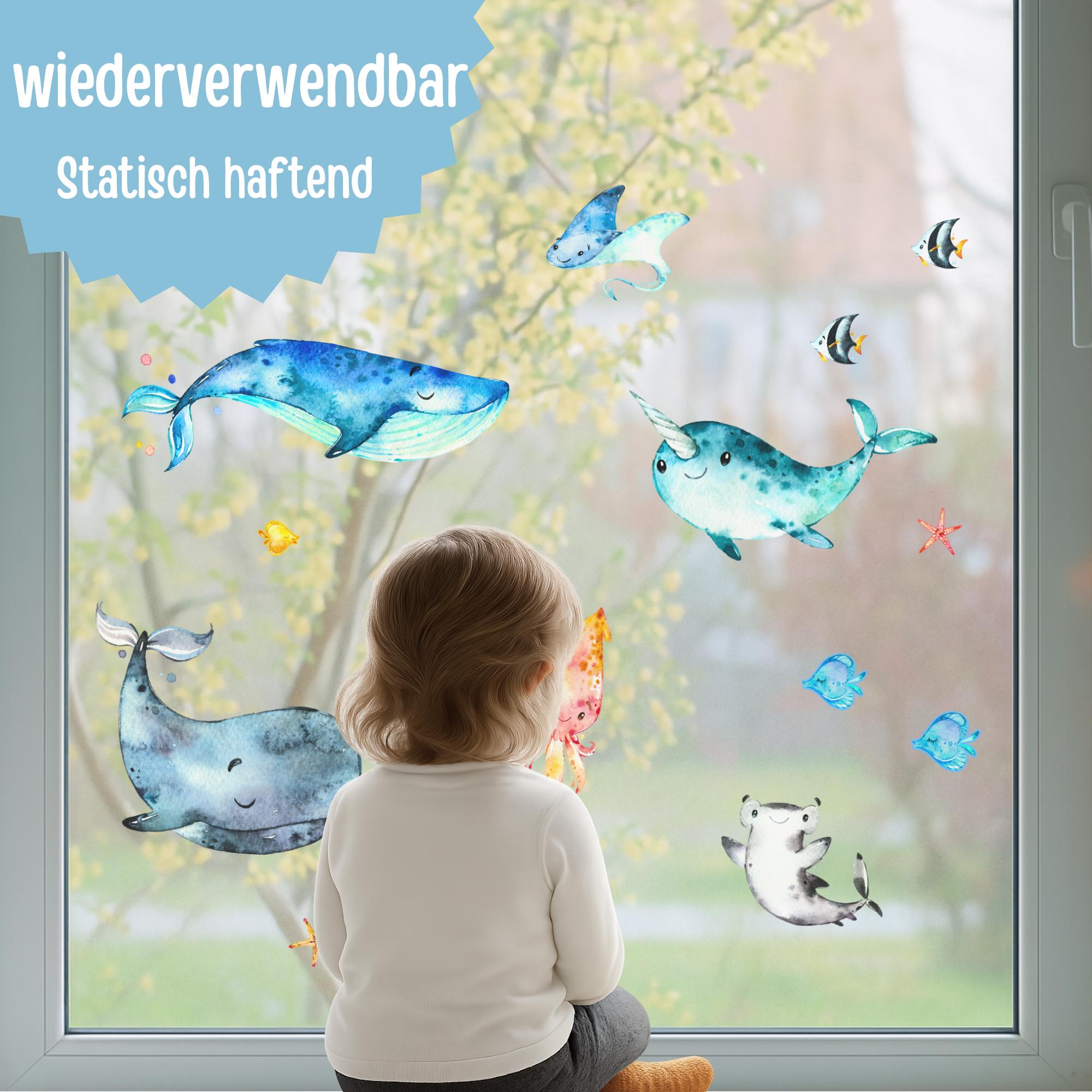 Fensterbild Meerestiere – Wal, Narwal & Fische – statisch haftend und wiederverwendbar – Fensterdeko zimmer Ozean – 