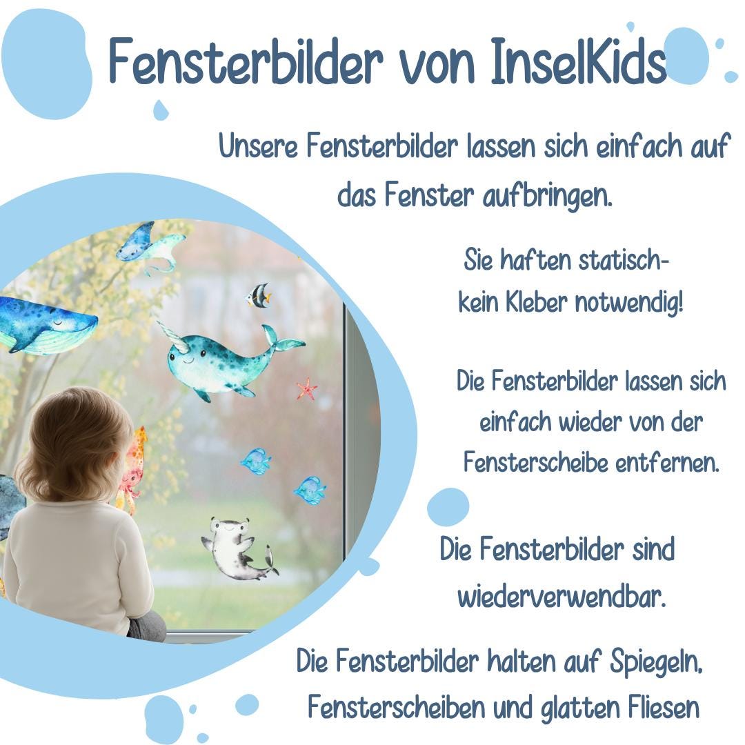 Fensterbild Meerestiere – Wal, Narwal & Fische – statisch haftend und wiederverwendbar – Fensterdeko Kinderzimmer Ozean – 