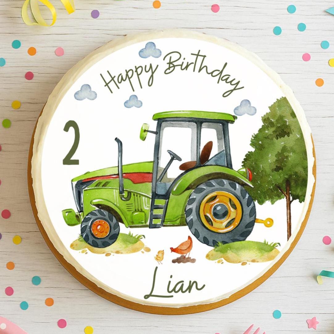 Tortenaufleger grüner Traktor – mit Name & Zahl – Bauernhof Geburtstag – Fondantbild essbar 20 cm – Party Decor